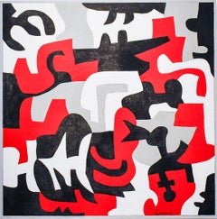 Interlock #53 (Graphic, Abstract Red, Grey, White & Black Painting on Canvas)