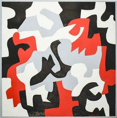 Interlock #57 (Graphic, Abstract Red, Grey, White & Black Painting on Canvas)