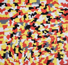 Kingsware (Abstract Geometric Painting on Canvas in Red, Yellow, White)