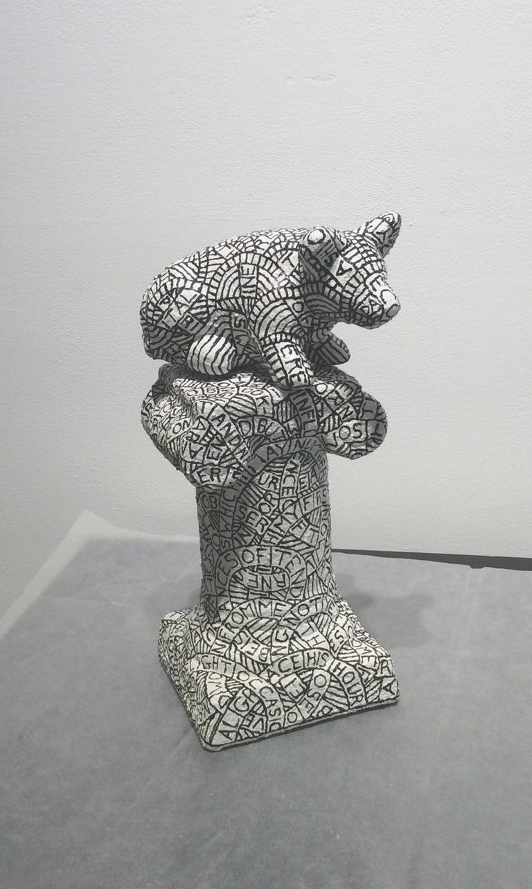 Paul Katz Figurative Sculpture - Prelude 82: Pig perched on a pedestal, inscribed w/ text from poem by Wordsworth