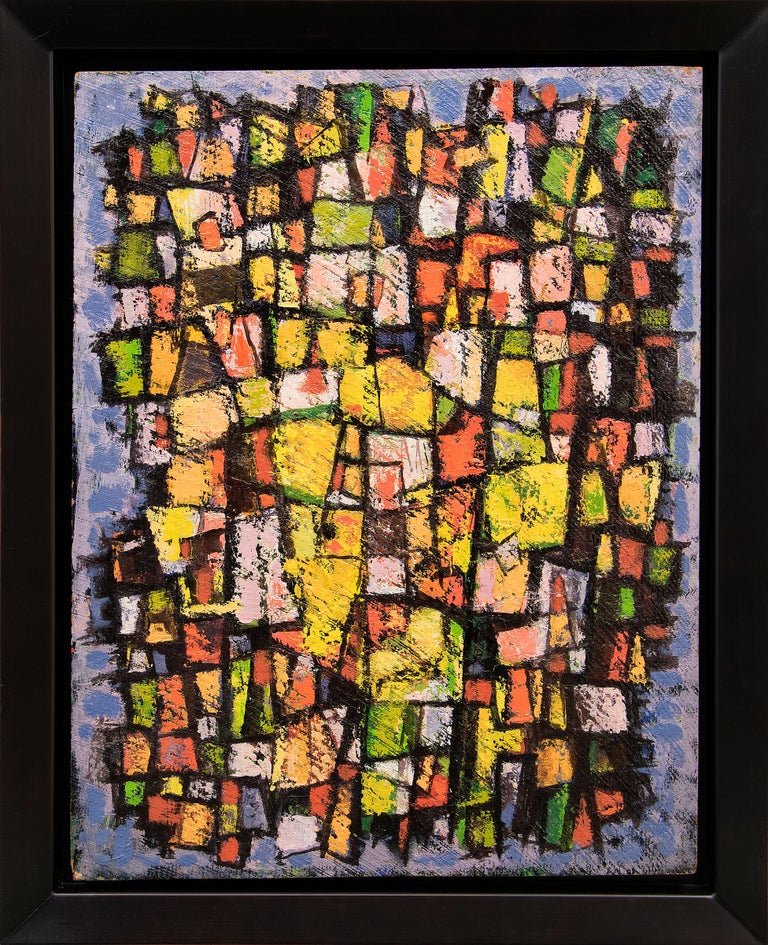 Abstract painting in blue, pink, yellow, green, and black by Paul Kauvar Smith (1893-1977). Oil on board.  Presented in a custom frame, outer dimensions measure 29 ½ x 23 ¾ x 2 inches.  Image size is 24 x 18 inches.

Paul Kauver Smith studied