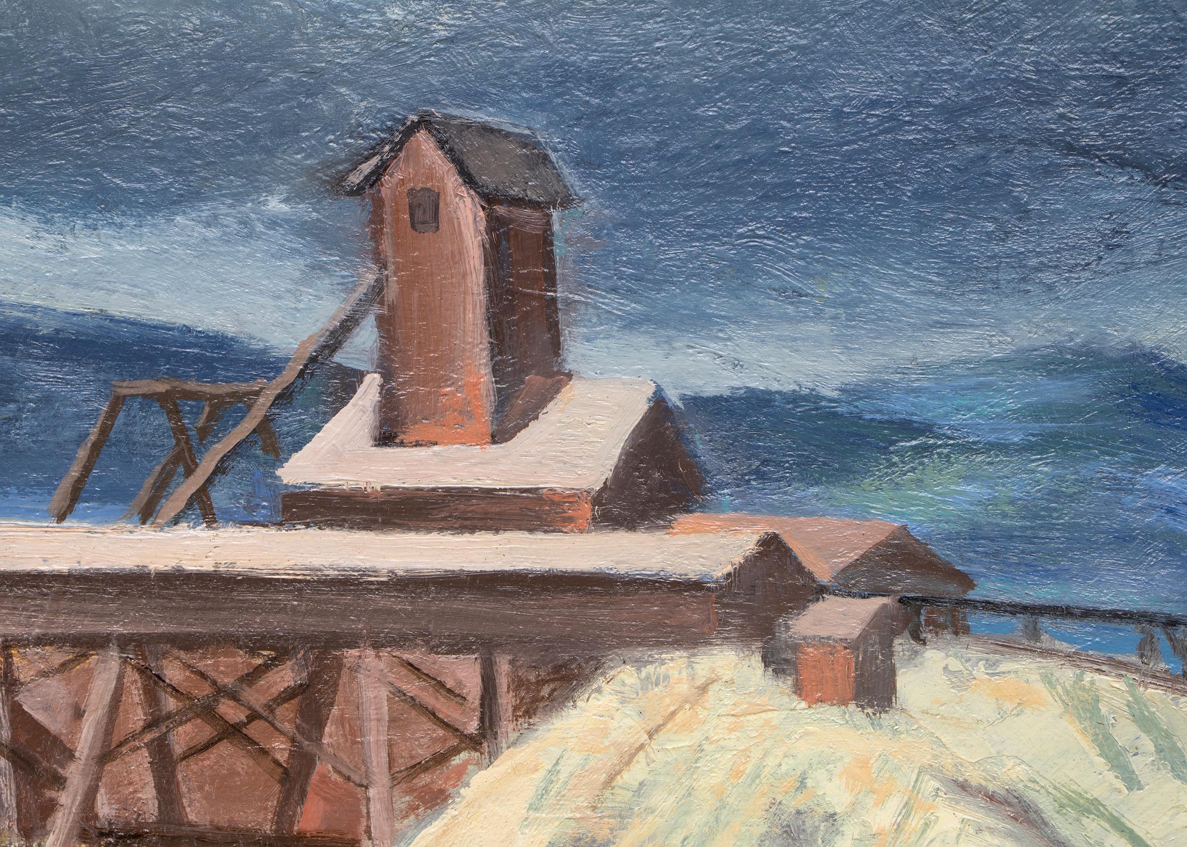 Paysage du Colorado avec un vieux bâtiment de mine, un tréteau, des montagnes et un ciel orageux sombre, peinture à l'huile sur toile datant d'environ 1940, réalisée par le moderniste de Denver, Paul K. Smith. Peint en couleurs de bleu, vert, beige,
