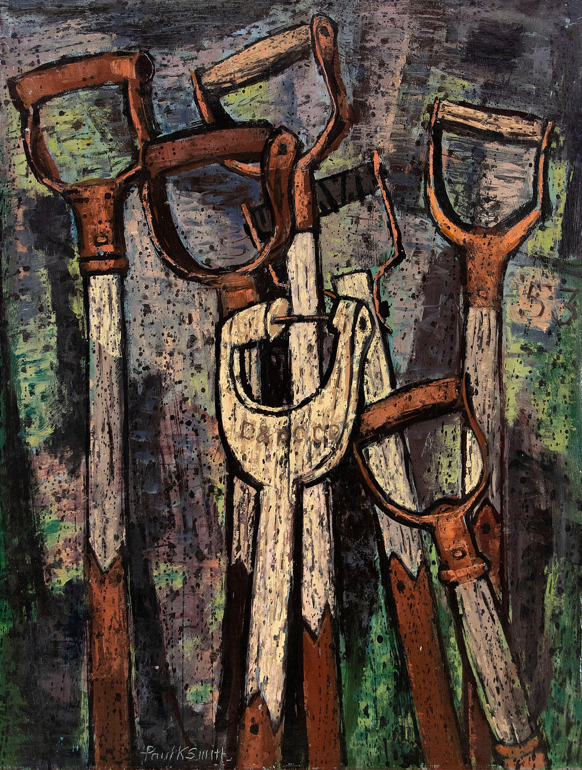 Paul Kauvar Smith Figurative Painting - Shovel Handles, 1950s Framed American Modernist Oil Painting, Green Bronze Blue