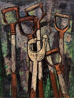 Manici di pala, 1950 Pittura a olio modernista americana incorniciata, Greene & Greene Blue