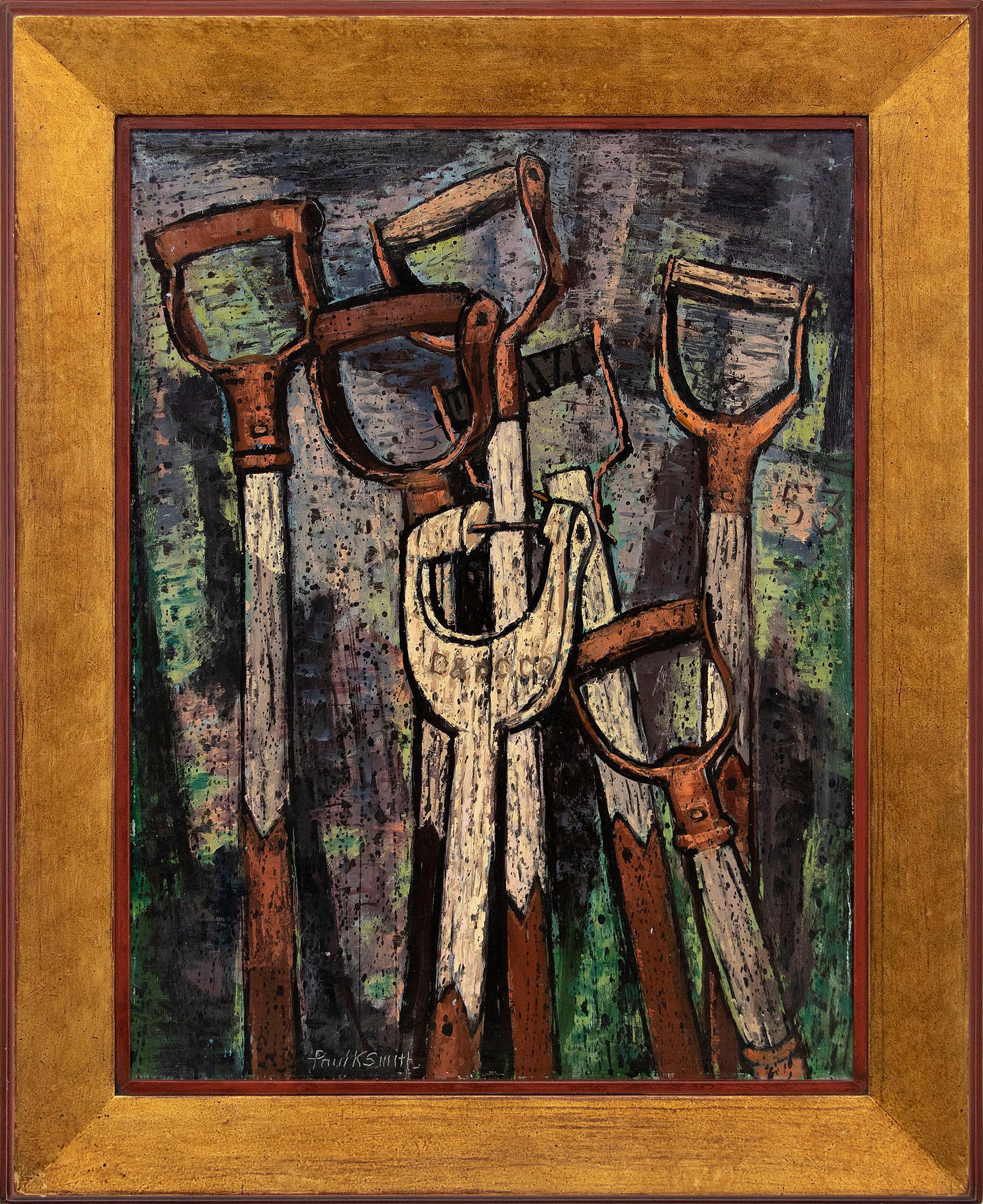 Shovel Handles, gerahmtes Ölgemälde der amerikanischen Moderne der 1950er Jahre, grün, Bronzeblau