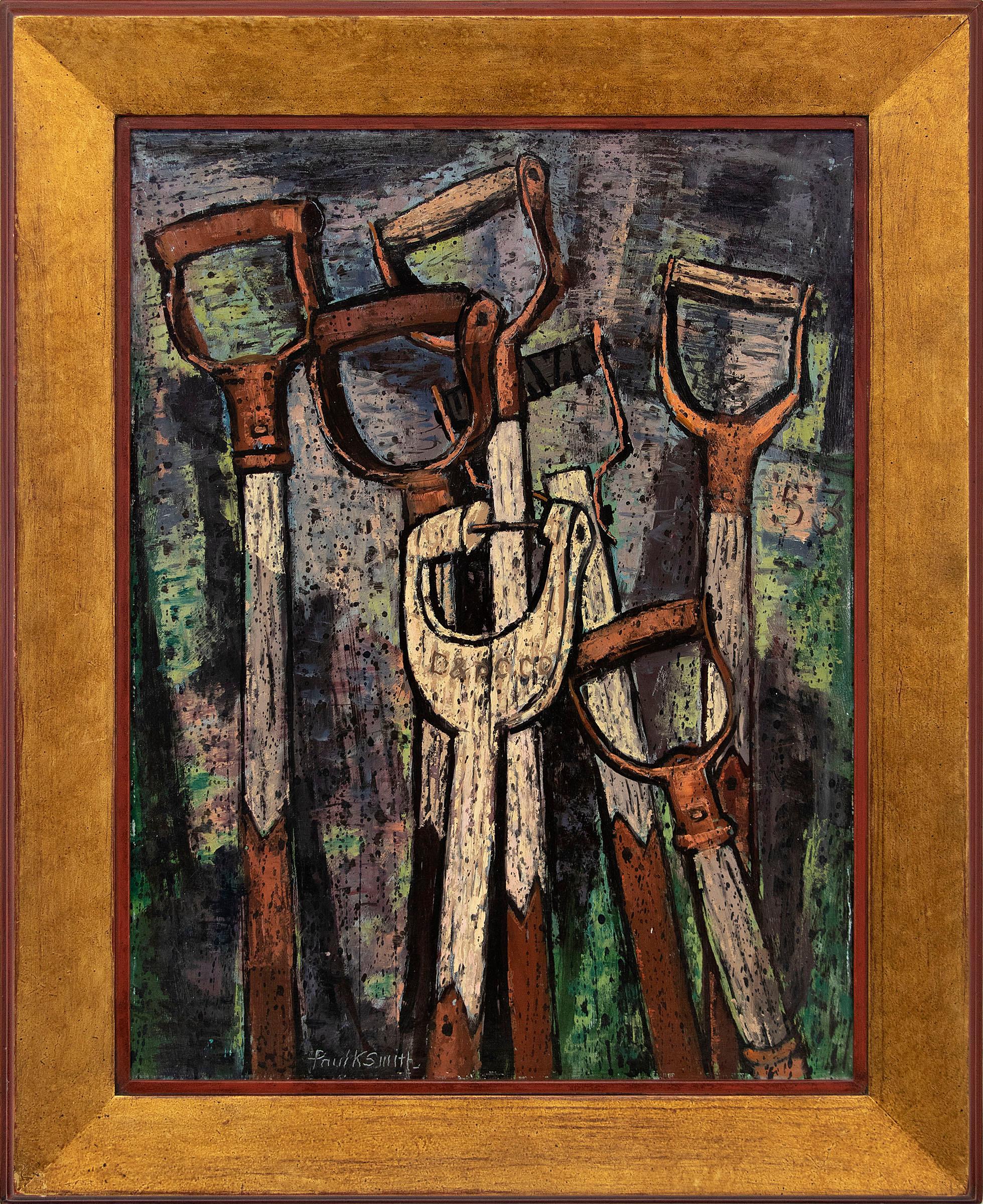 Paul Kauvar Smith Figurative Painting – Shovel Handles, gerahmtes amerikanisches modernistisches Ölgemälde aus den 1950er Jahren, grün in Bronzeblau