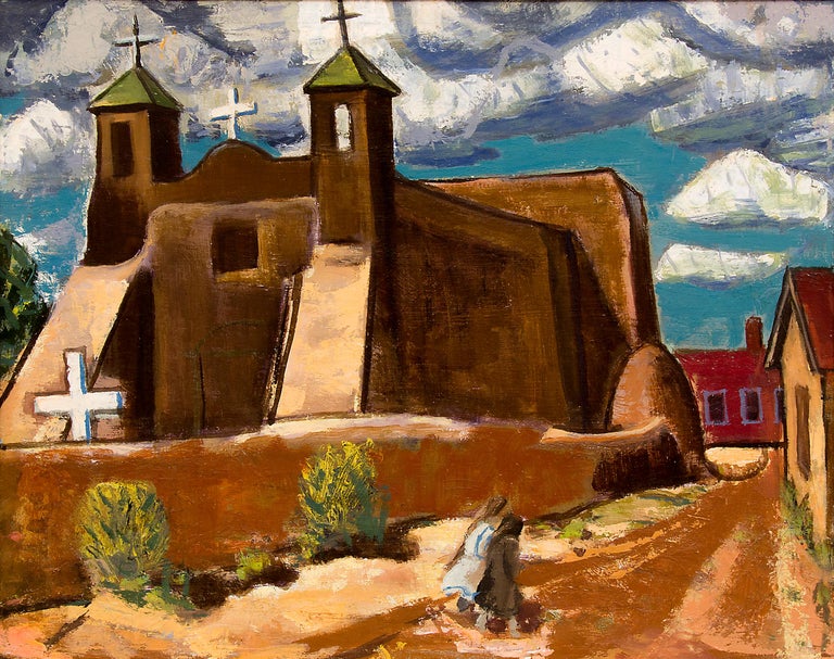 Adobe Church, New Mexico, 1940s Modernist Southwestern Landscape Oil Painting - Beige Figurative Painting by Paul Kauvar Smith