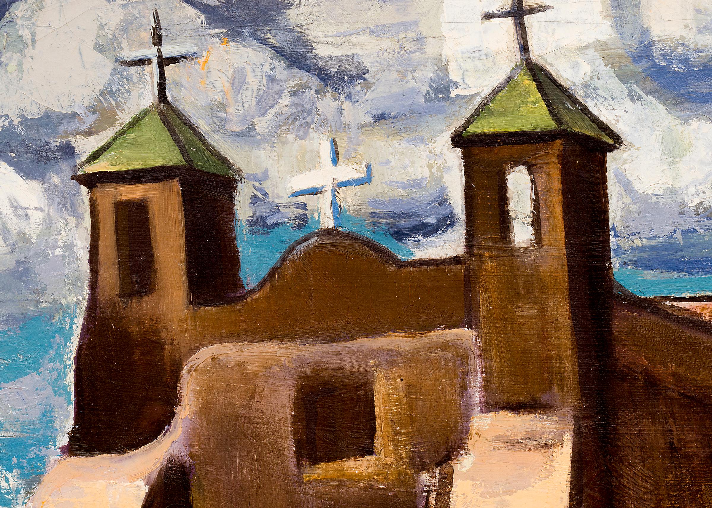 Adobe Church, New Mexico, Modernistisches Ölgemälde des Südwestens, Adobe Church, 1940er Jahre (Beige), Figurative Painting, von Paul Kauvar Smith