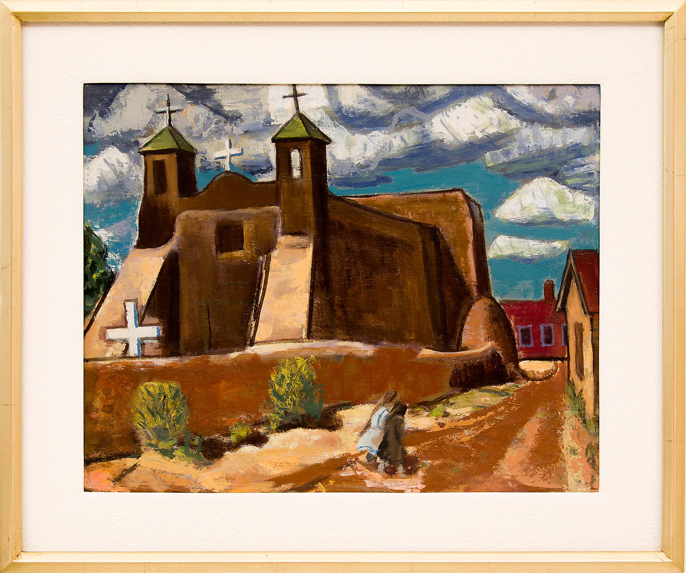 Paul Kauvar Smith Figurative Painting – Adobe Church, New Mexico, Modernistisches Ölgemälde des Südwestens, Adobe Church, 1940er Jahre