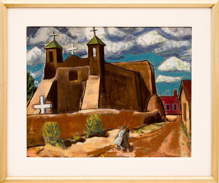 Paul Kauvar Smith Figurative Painting - Adobe Church, New Mexico, 1940s Modernist Southwestern Landscape Oil Painting