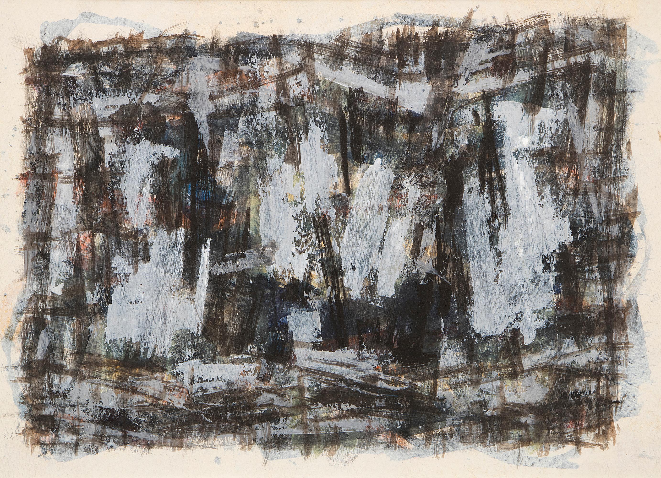 Paul Kauver Smith Abstract Painting – 1950er Jahre Abstraktes Ölgemälde, Moderne Kunst der Jahrhundertmitte in Blau, Schwarz und Weiß