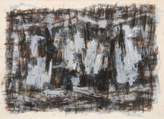 1950er Jahre Abstraktes Ölgemälde, Moderne Kunst der Jahrhundertmitte in Blau, Schwarz und Weiß