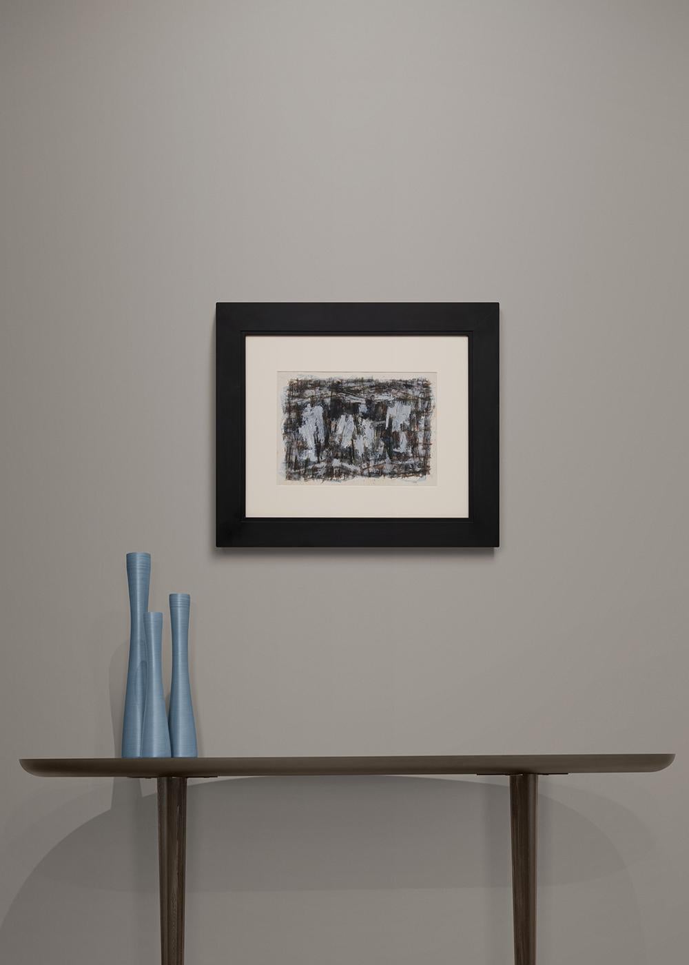 Abstraktes Ölgemälde, gerahmt, Mid-Century Modern, 1950er Jahre, Blau Schwarz Weiß im Angebot 3