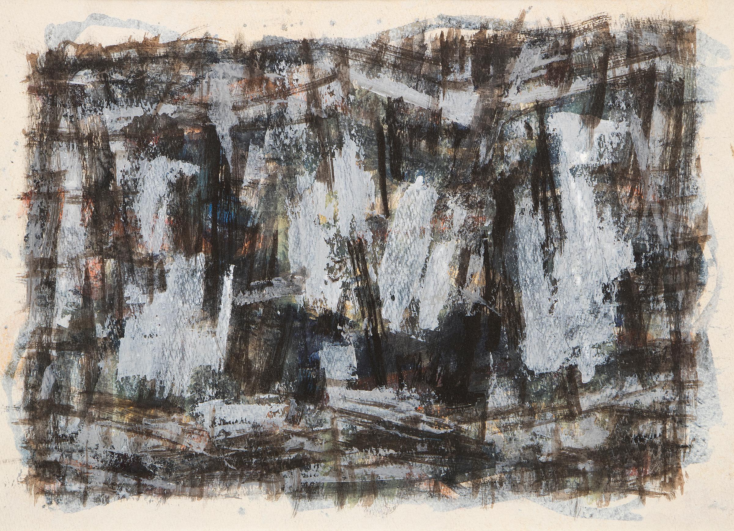 Paul Kauver Smith Abstract Painting – Abstraktes Ölgemälde, gerahmt, Mid-Century Modern, 1950er Jahre, Blau Schwarz Weiß