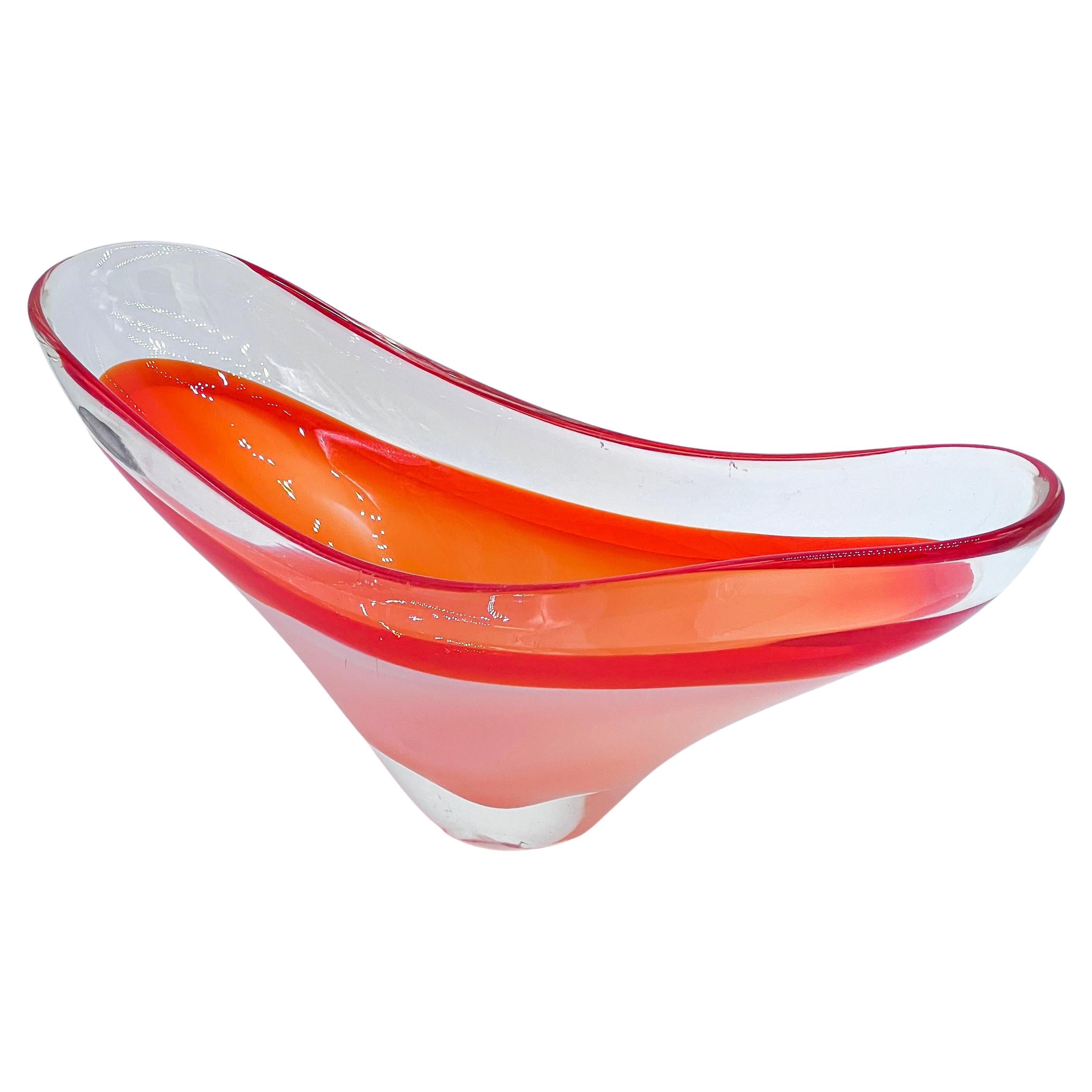 Paul Kedel for Flygsfors Big Coquille Bowl in Orange, White and Clear Glass For Sale