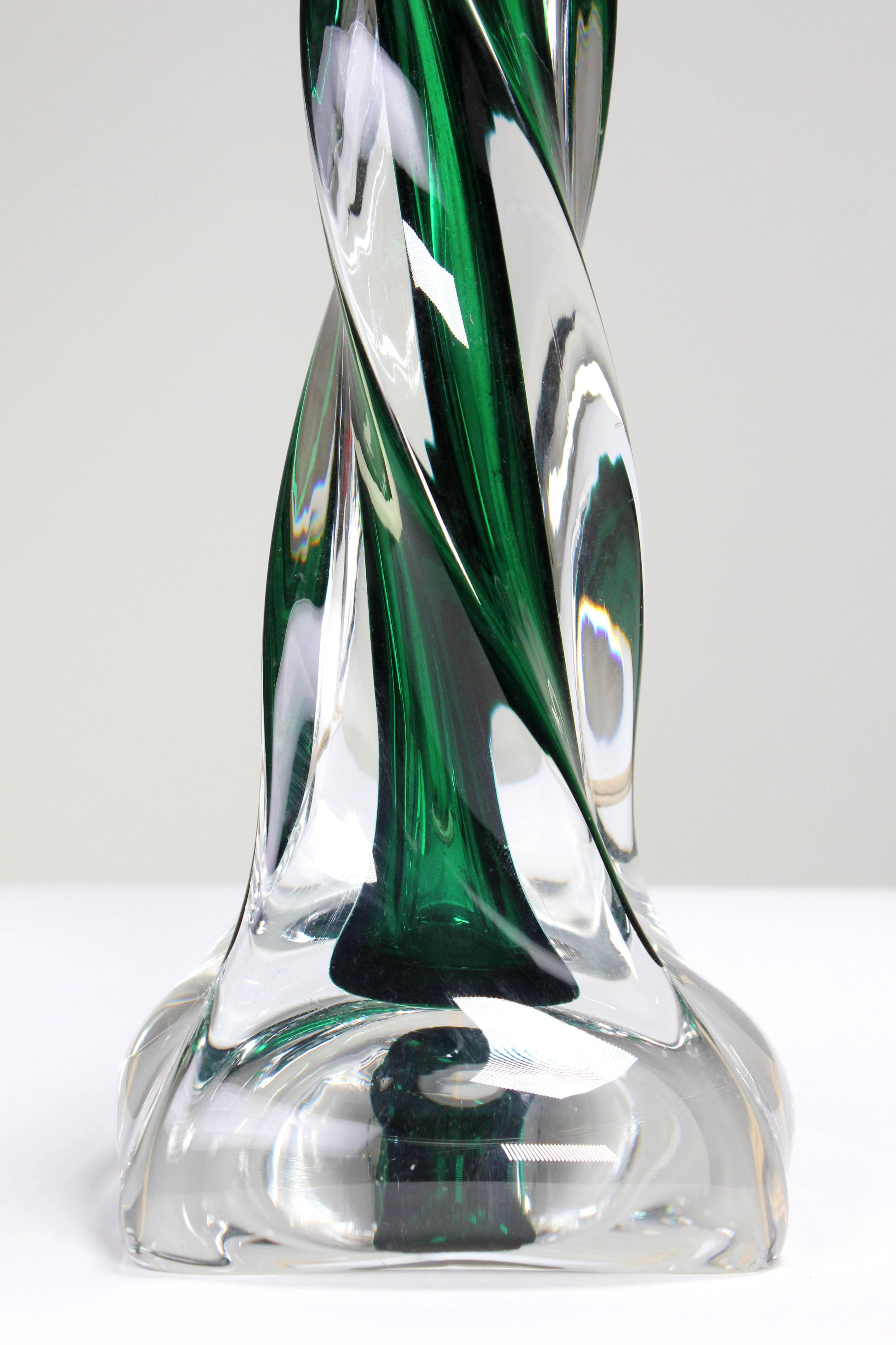 Mid-Century Modern Flygsfors Green Swirl Art Glass Lamp, Paul Kedelv, 1950s For Sale
