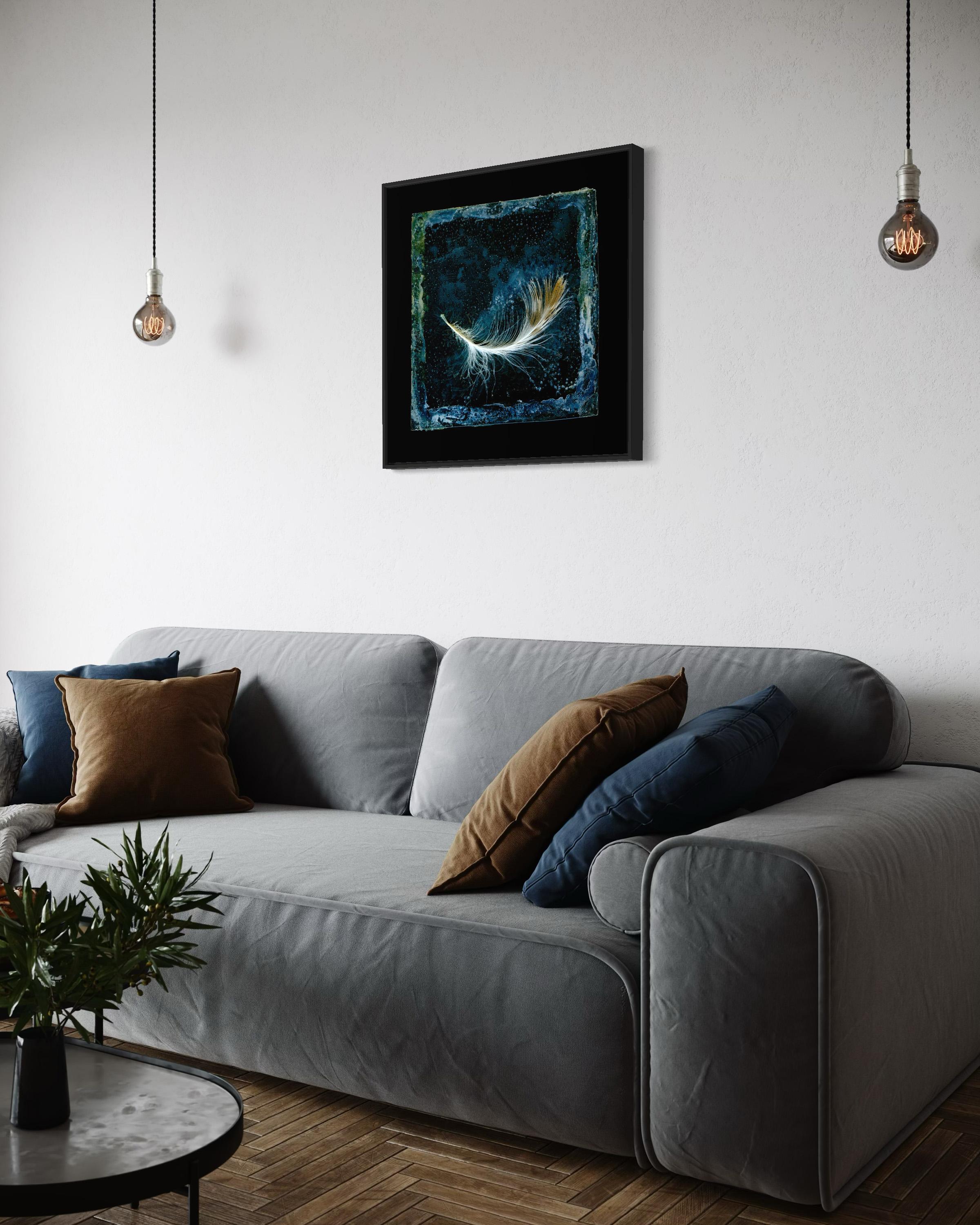 The artworks capture a feather balanced amidst a starry void, inviting contemplation and reflection. A feather down drifts softly, suspended in a mysterious, dream-like expanse of blue...

‘The work, building on themes developed over fifty years,