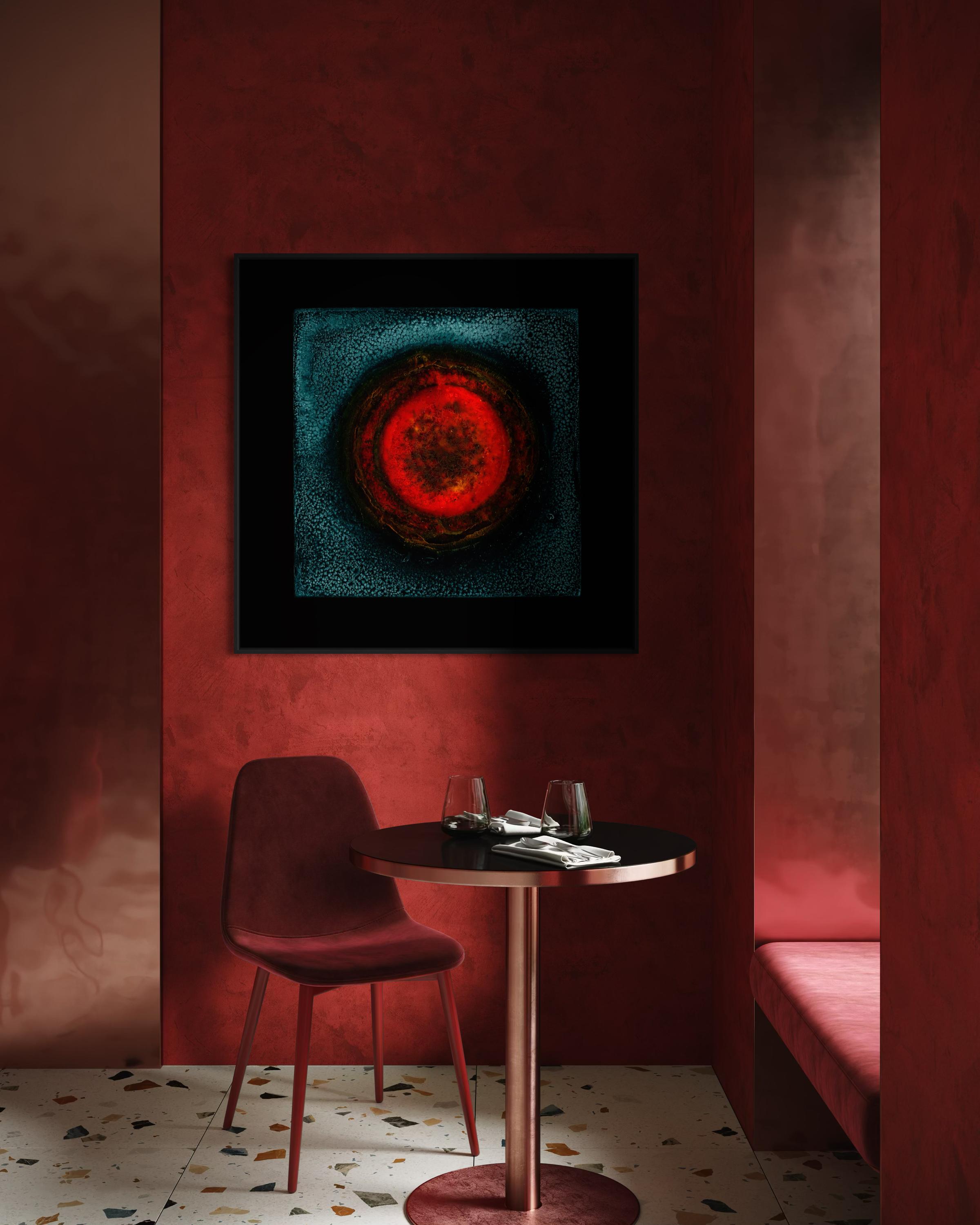 Iona Sun (eclipse and energy), Red, Black and Blue Abstract Print on Paper - Abstract Geometric Photograph by Paul Kenny
