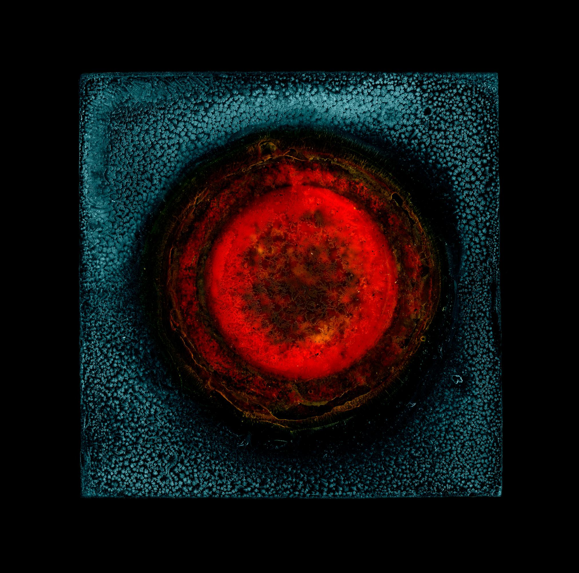 Paul Kenny Color Photograph - Iona Sun (eclipse and energy), Red, Black and Blue Abstract Print on Paper