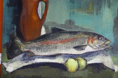 Still Life with Fish Large Oil Painting, French Vintage Trout with Lemons
