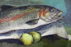 Still Life with Fish Large Oil Painting, French Vintage Trout with Lemons
