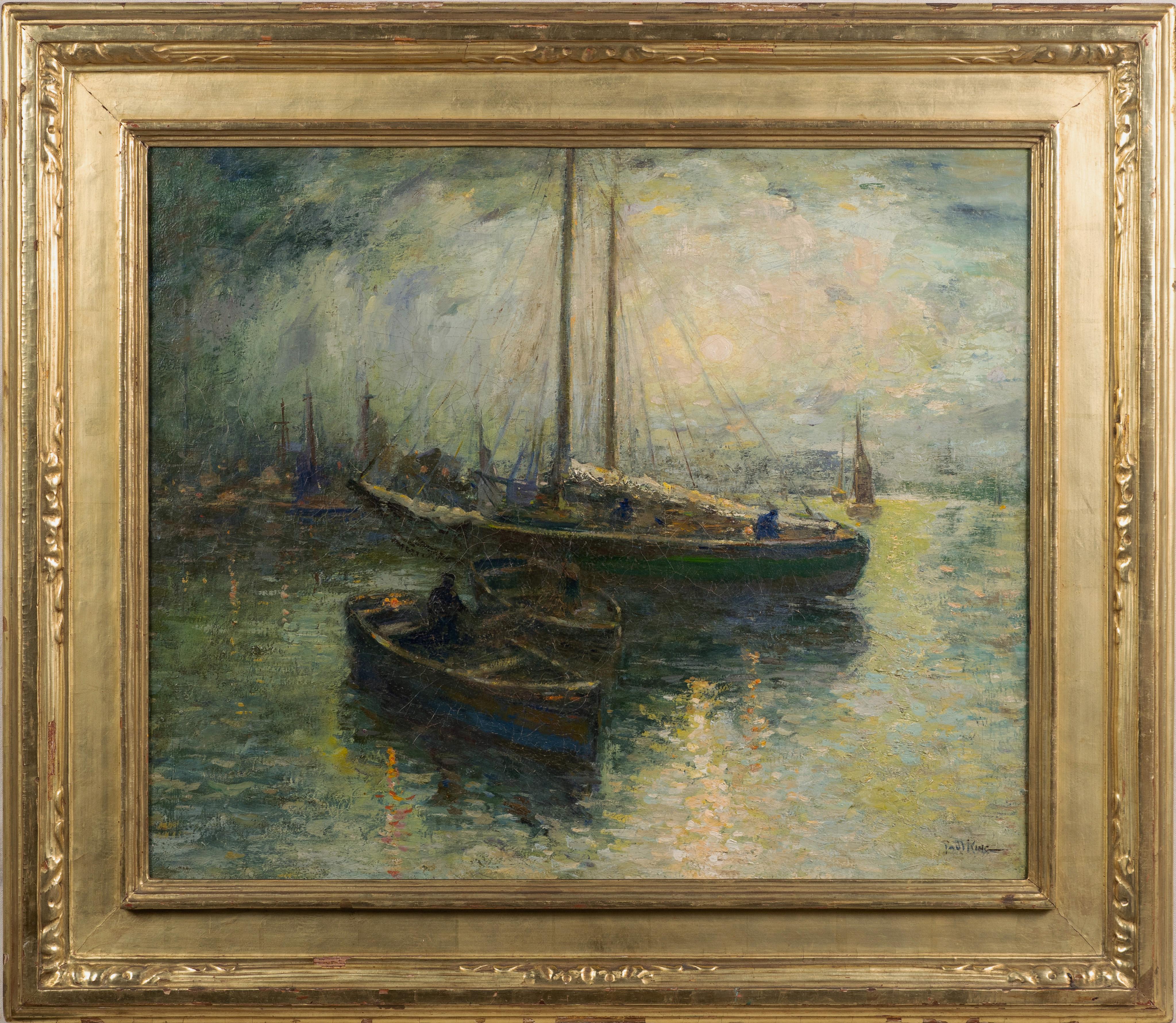 Antike amerikanische impressionistische New Yorker Hafenlandschaft, große Meereslandschaft, signiertes Gemälde – Painting von Paul King