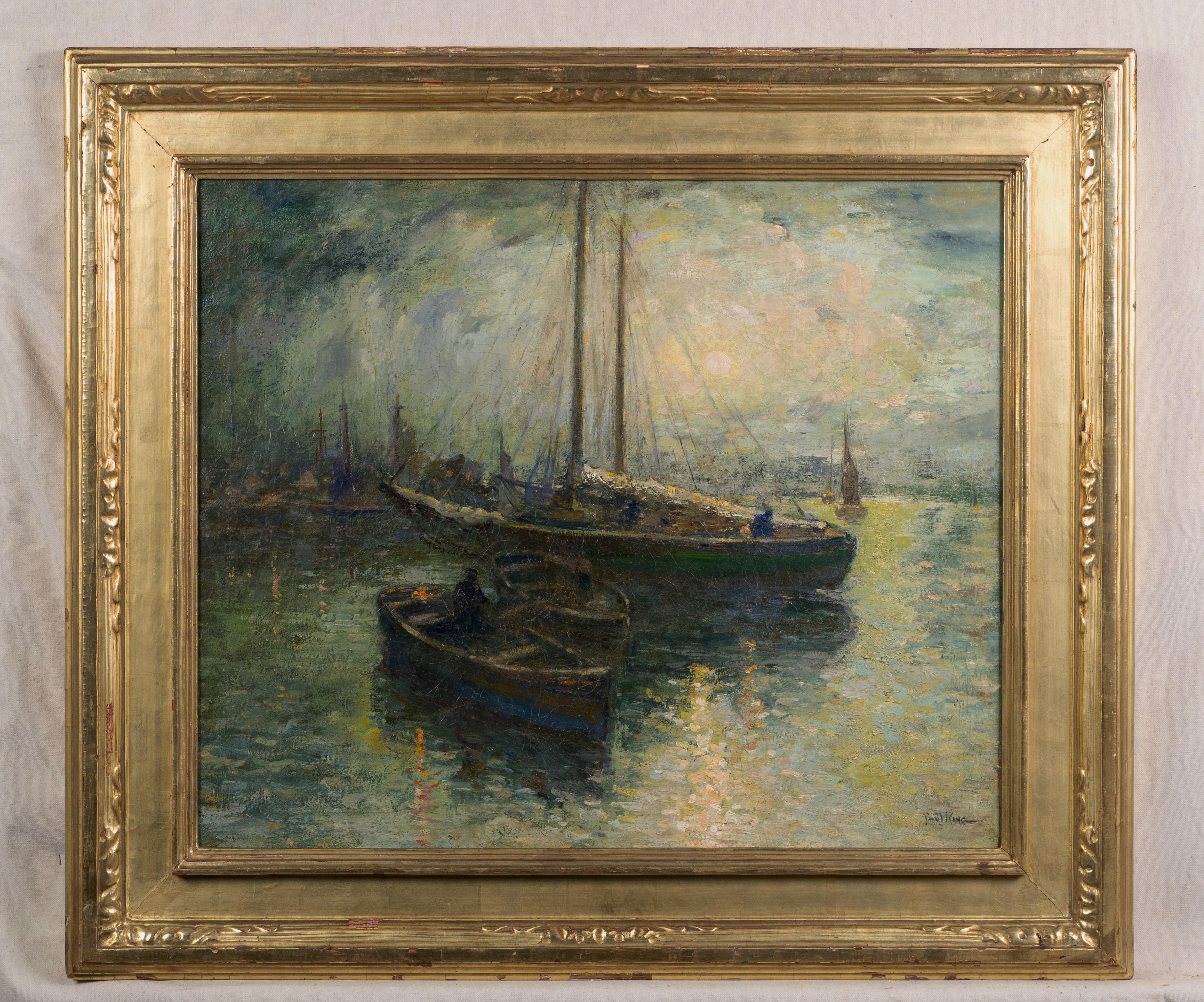 Antique American Impressionist New York Harbor Large Seascape Signed Painting For Sale 1
