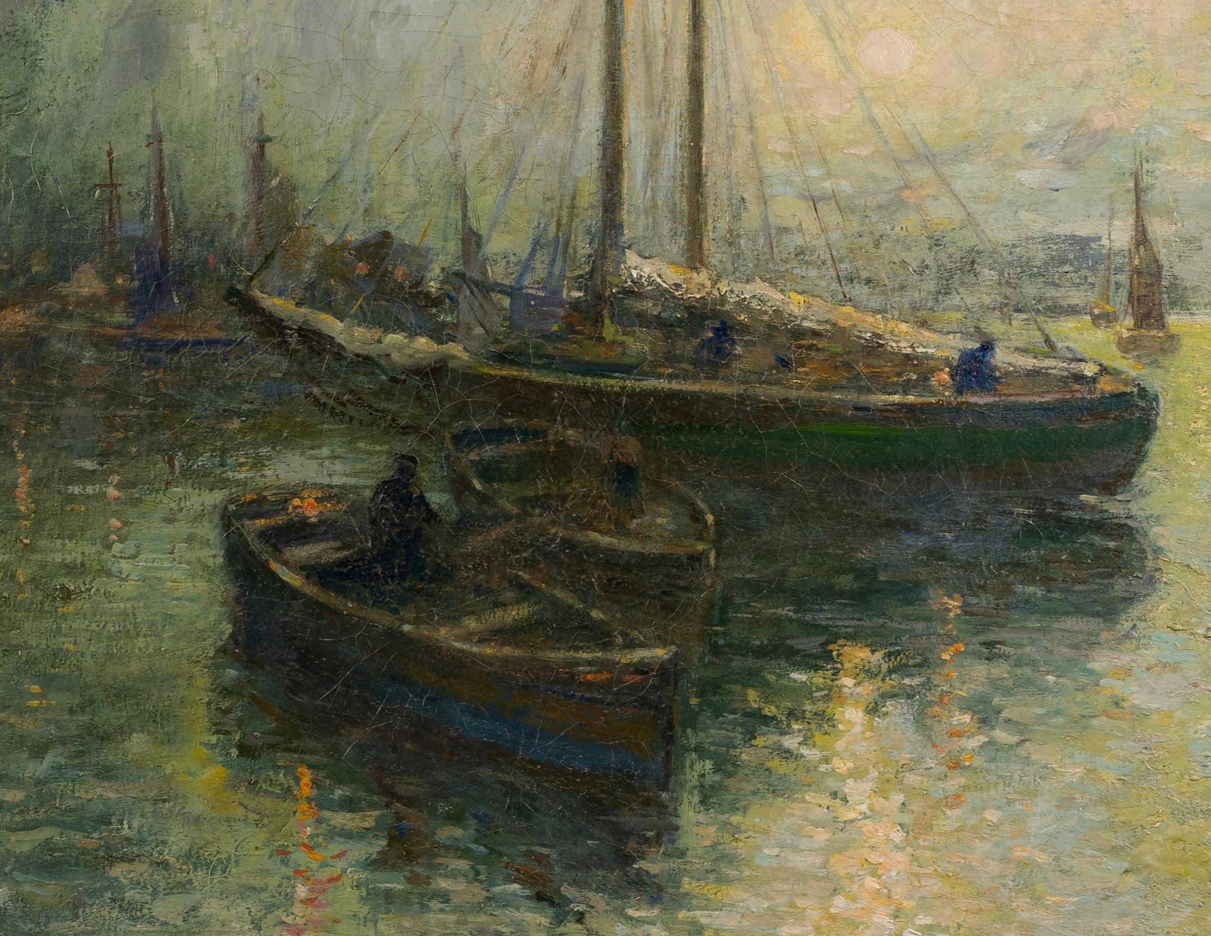 Antike amerikanische impressionistische New Yorker Hafenlandschaft, große Meereslandschaft, signiertes Gemälde im Angebot 1