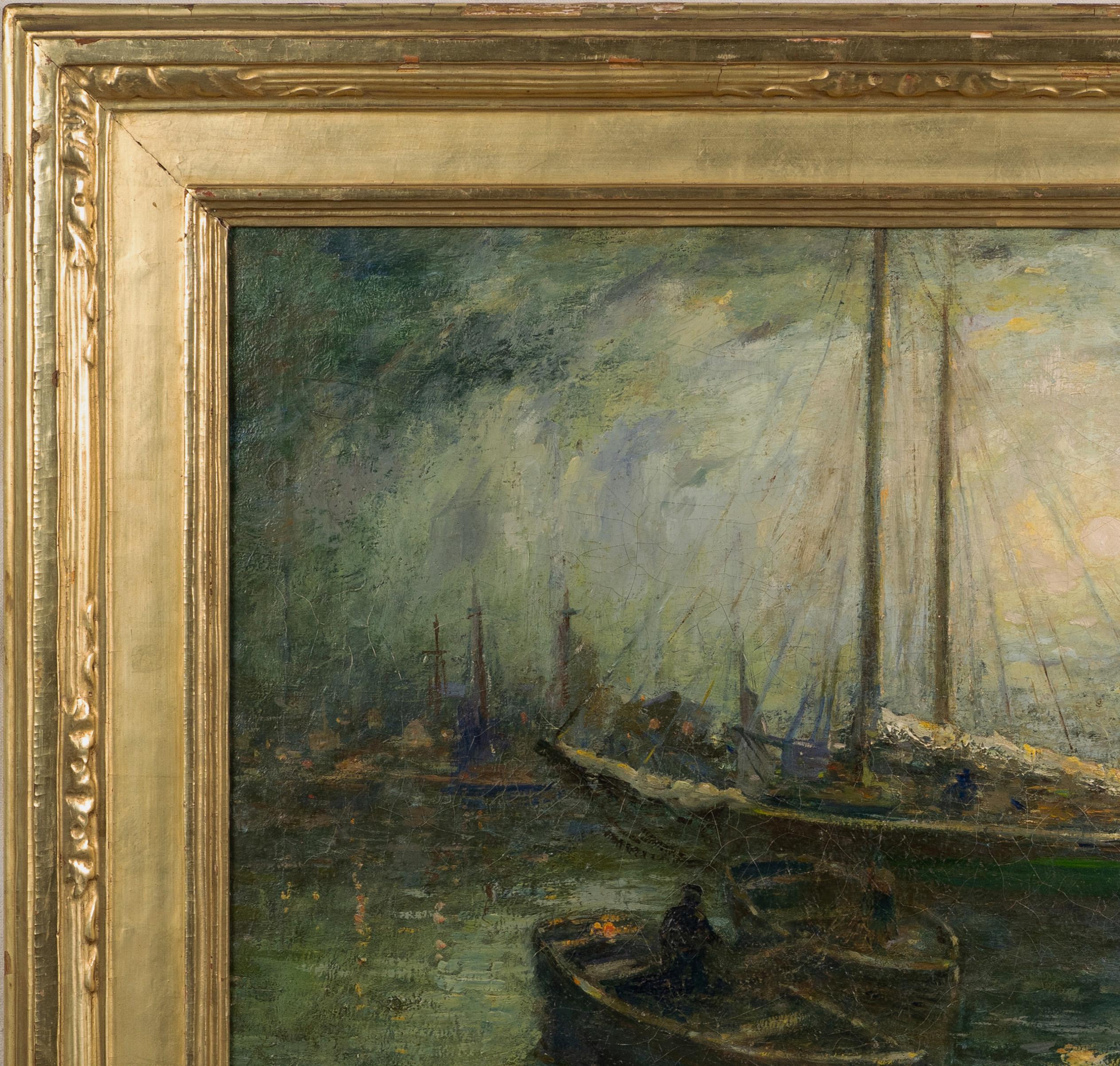 Antique American Impressionist New York Harbor Large Seascape Signed Painting For Sale 5