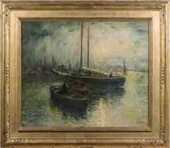 Pintura antigua Impresionista Americana Gran Paisaje Marino del Puerto de Nueva York Firmada