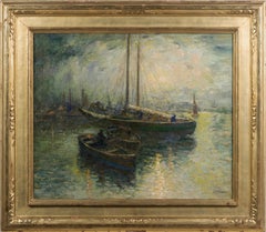 Peinture impressionniste américaine ancienne signée New York Harbor Large Seascape