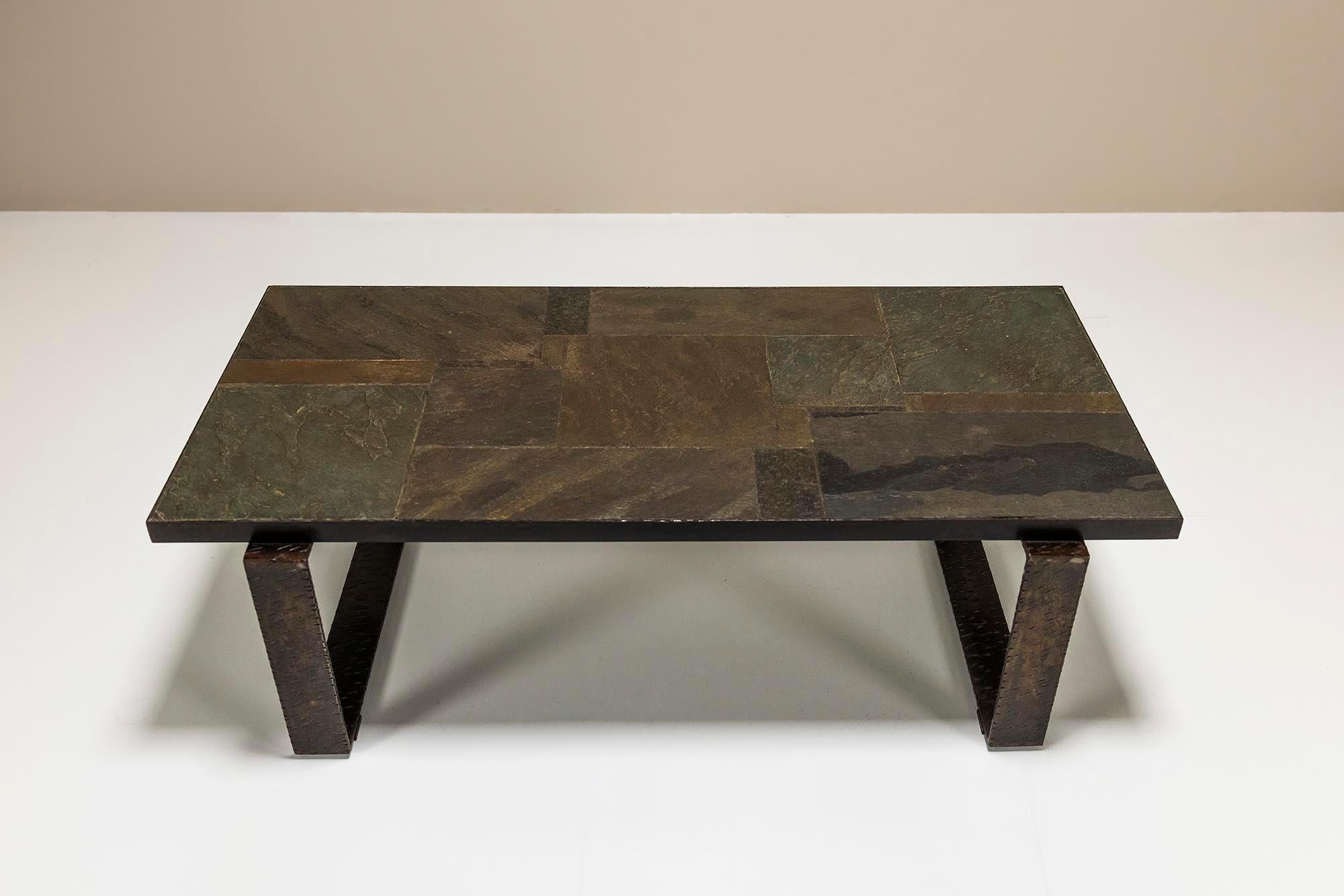Mid-Century Modern Paul Kingma Brutalist Coffee Table In Stone And Hammered Metal, Netherlands 1960 For Sale