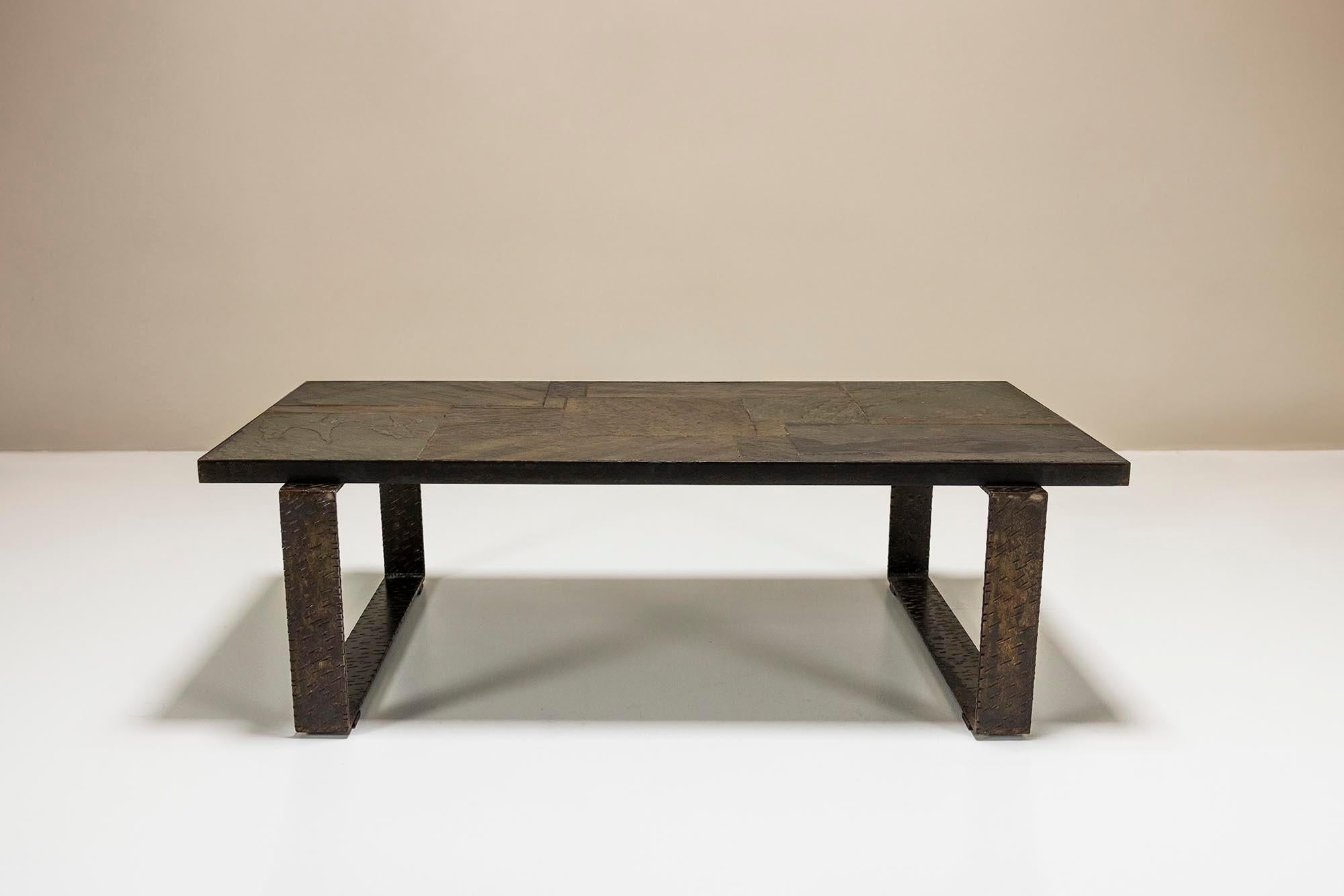 Dutch Paul Kingma Brutalist Coffee Table In Stone And Hammered Metal, Netherlands 1960 For Sale