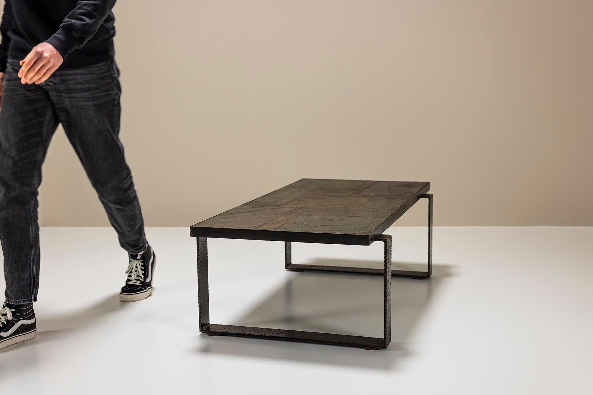 Mid-20th Century Paul Kingma Brutalist Coffee Table In Stone And Hammered Metal, Netherlands 1960 For Sale