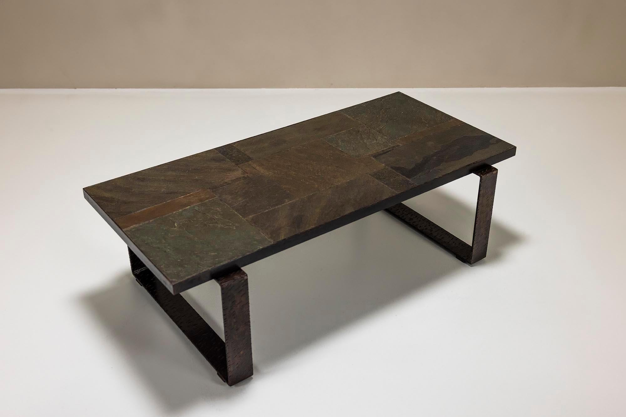 Paul Kingma Brutalist Coffee Table In Stone And Hammered Metal, Netherlands 1960 For Sale 1