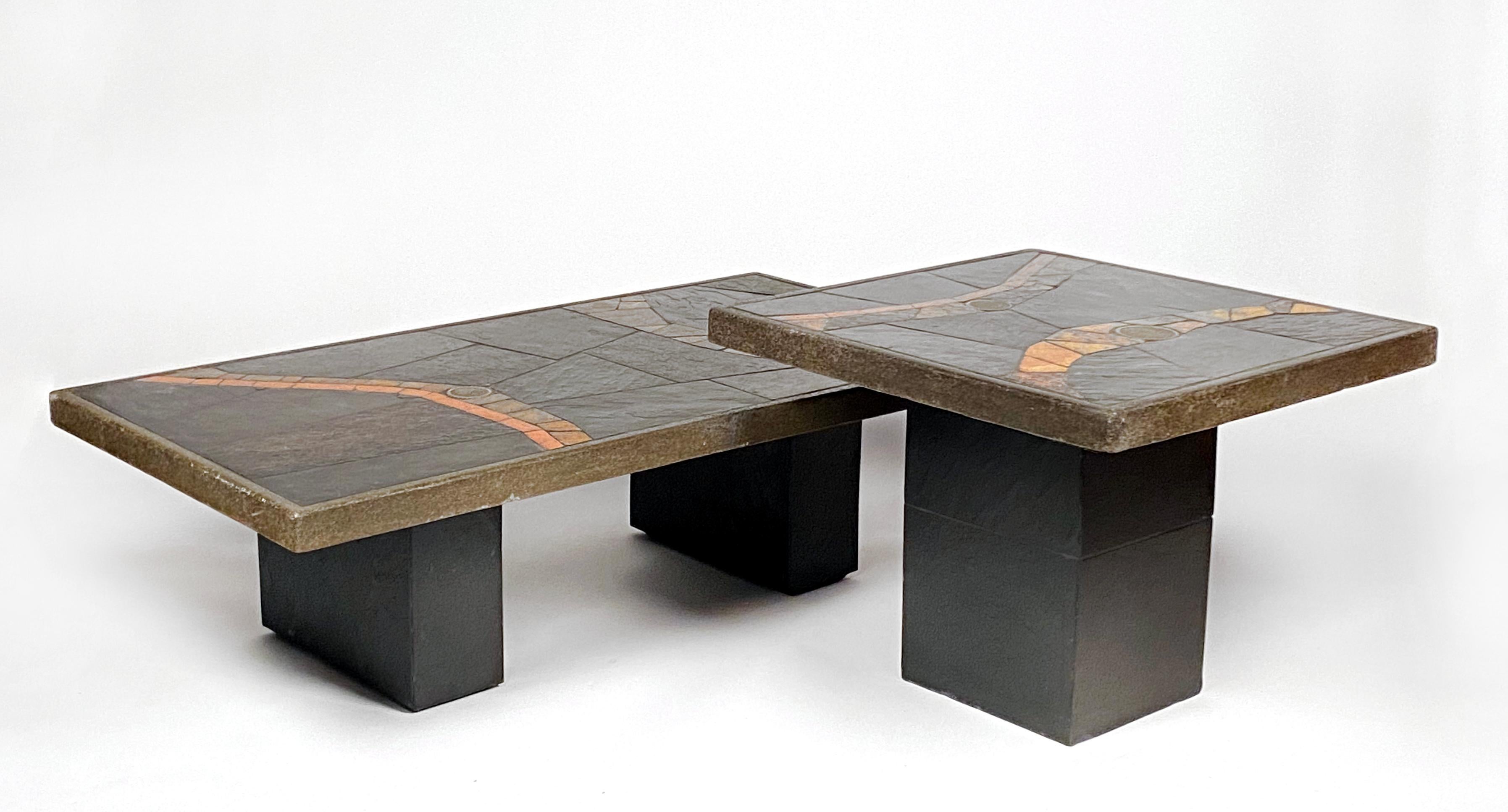 Brutalist mosaic coffee and side table designed by Dutch sculptor Paul Kingma. This amazing set is constructed of concrete, slate with bronze inset gears and circles. The coffee table measures 54