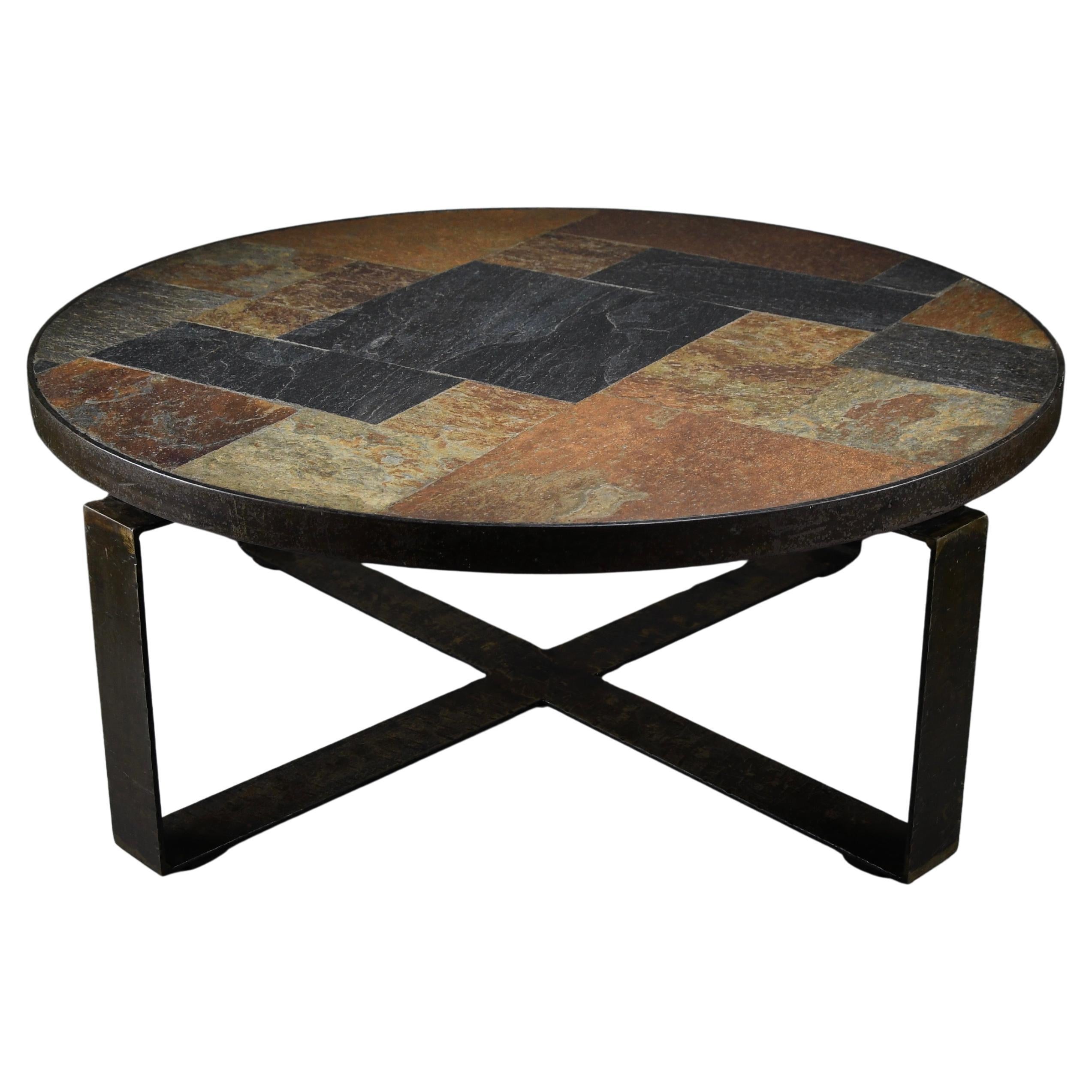 Paul Kingma brutalist round slate, brass and iron coffee table im Angebot