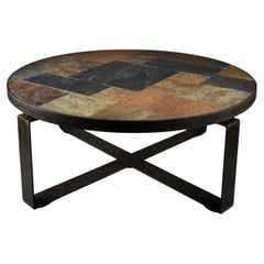 Paul Kingma brutalist round slate, brass and iron coffee table