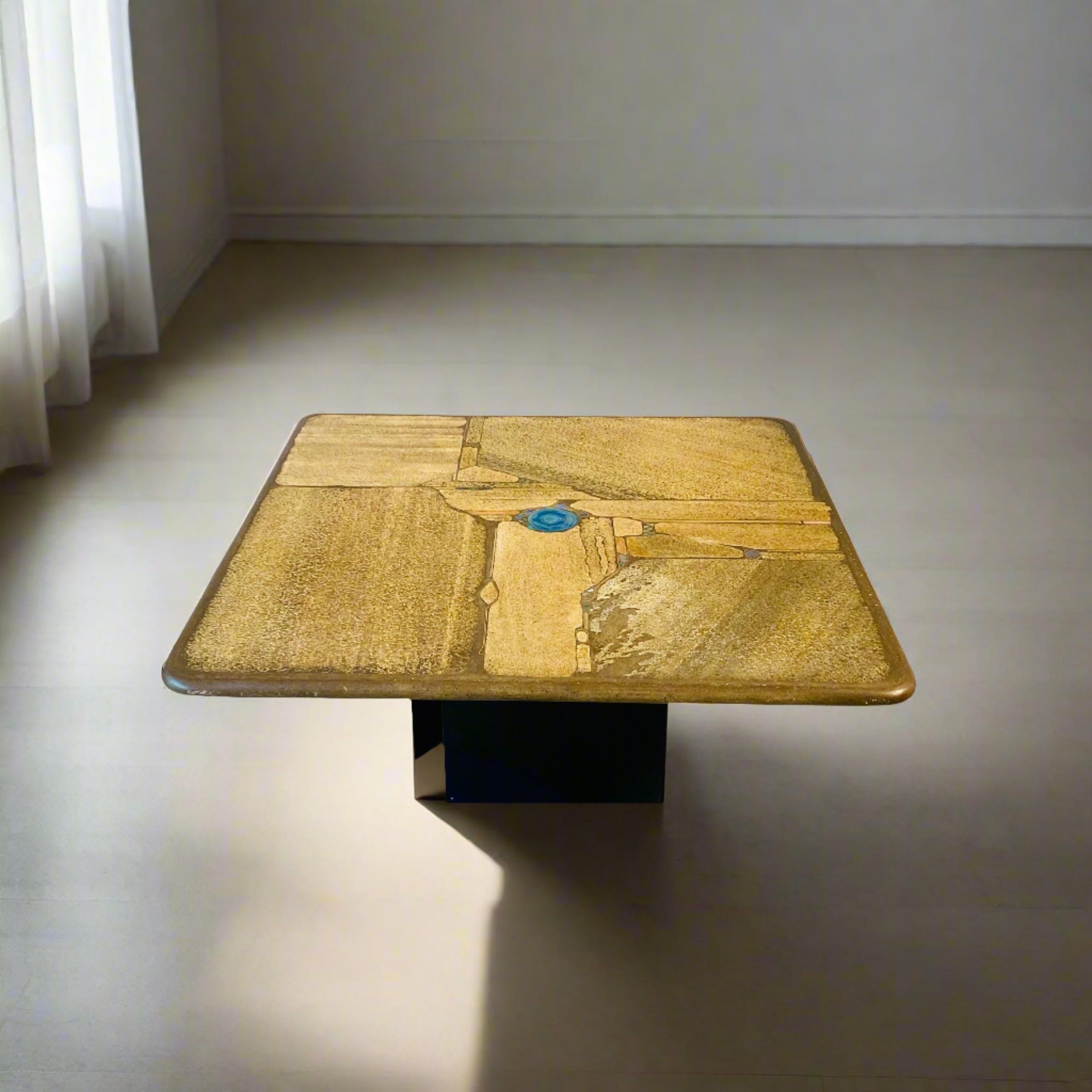 Paul Kingma Brutalist Square Slate Stone Blue Agate Coffee Table 3