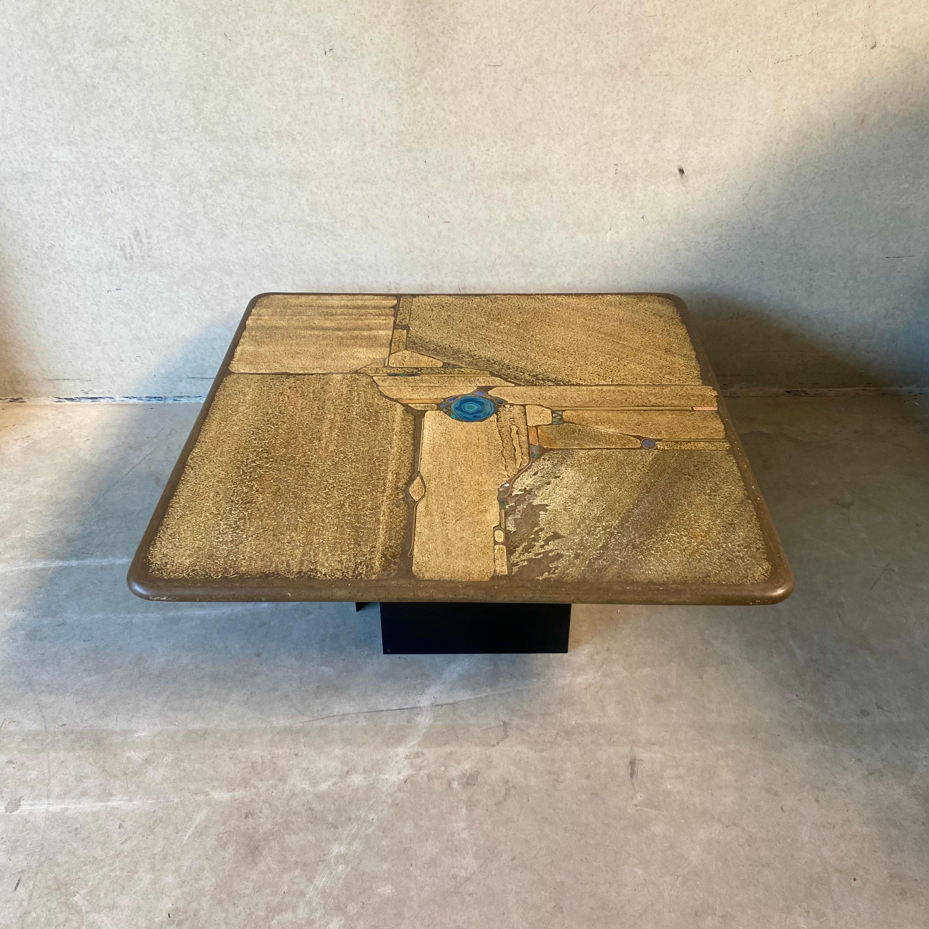 Paul Kingma Brutalist Square Slate Stone Blue Agate Coffee Table 5