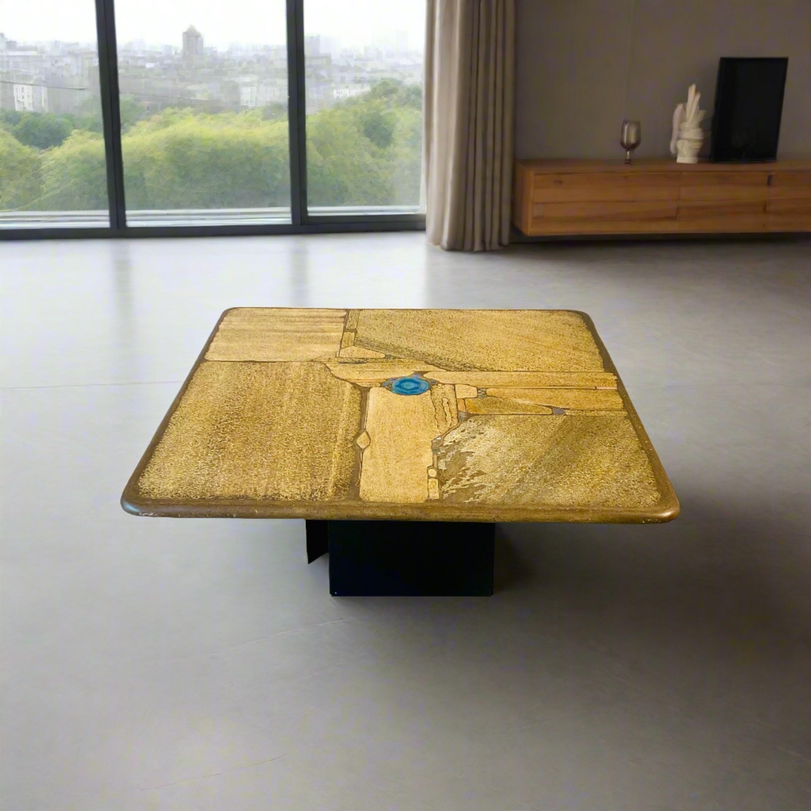 Dutch Paul Kingma Brutalist Square Slate Stone Blue Agate Coffee Table