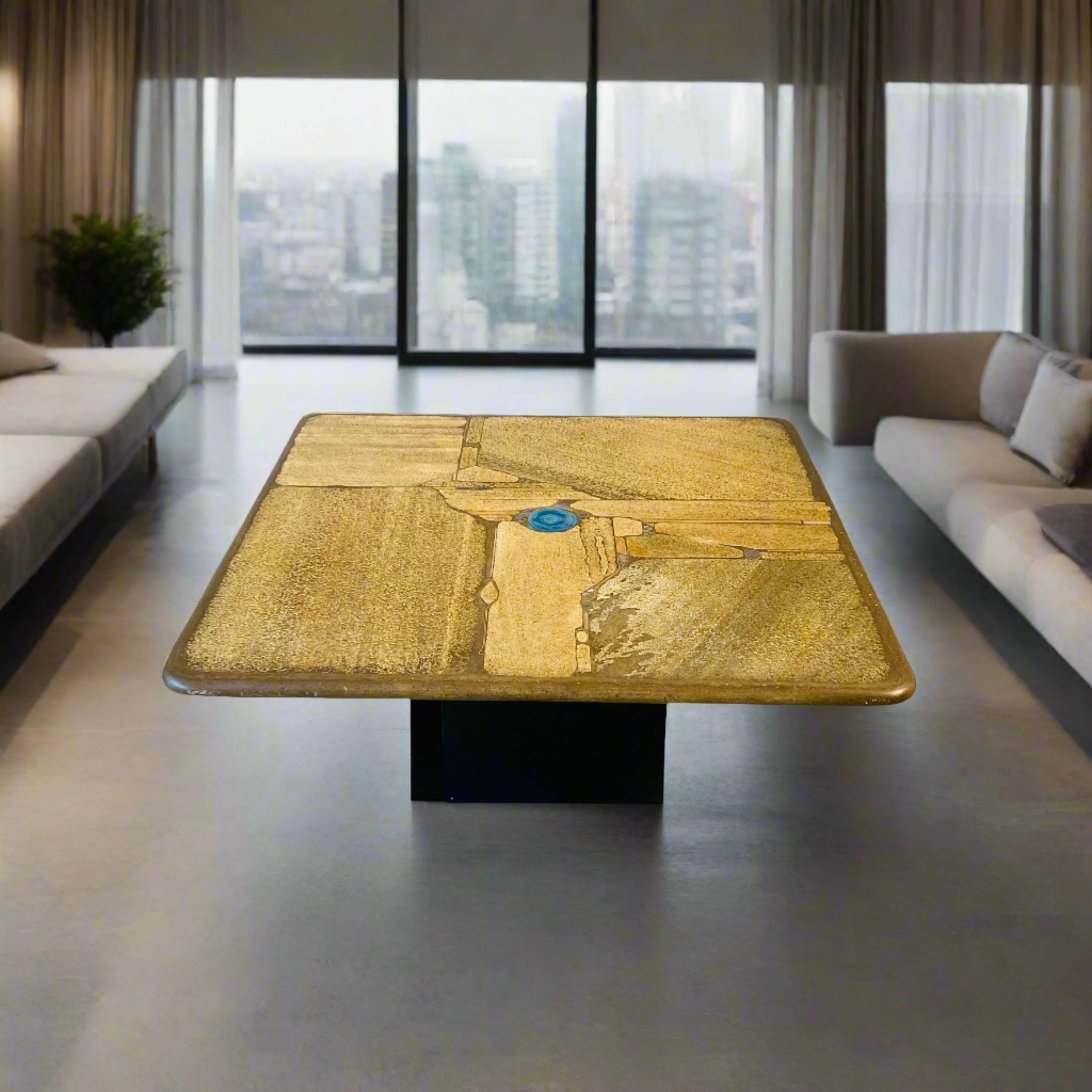 Hand-Crafted Paul Kingma Brutalist Square Slate Stone Blue Agate Coffee Table