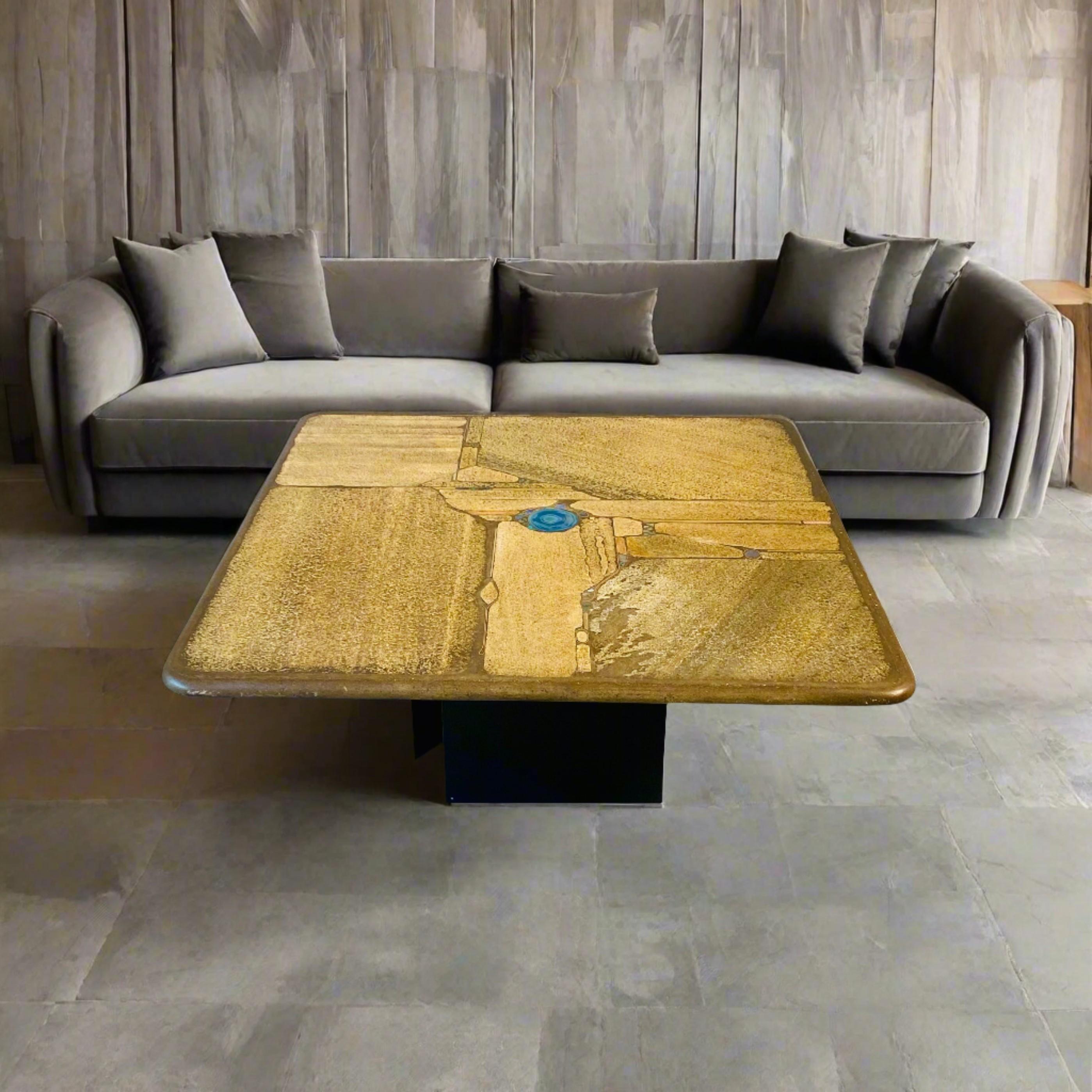 Paul Kingma Brutalist Square Slate Stone Blue Agate Coffee Table In Good Condition In DE MEERN, NL