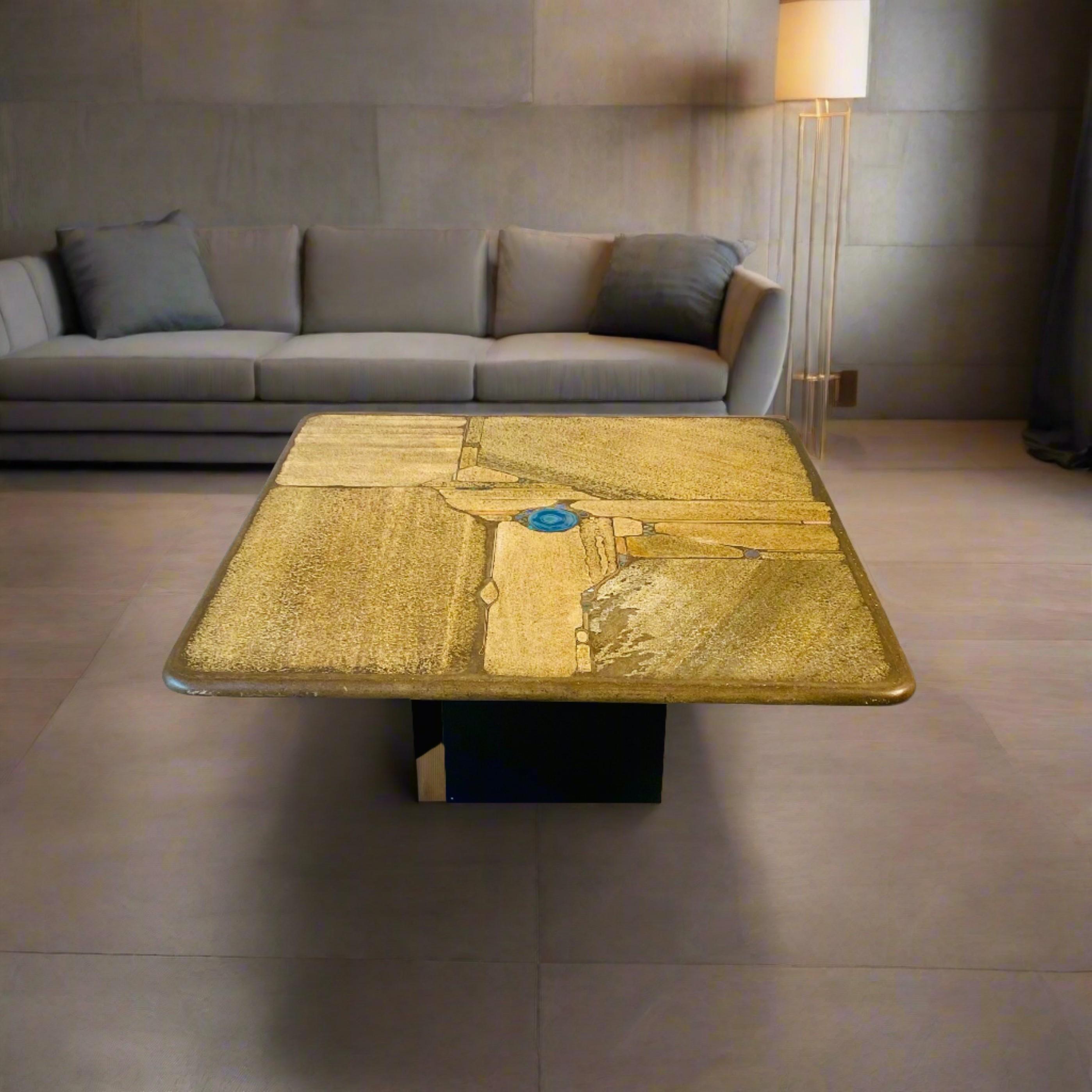 Late 20th Century Paul Kingma Brutalist Square Slate Stone Blue Agate Coffee Table