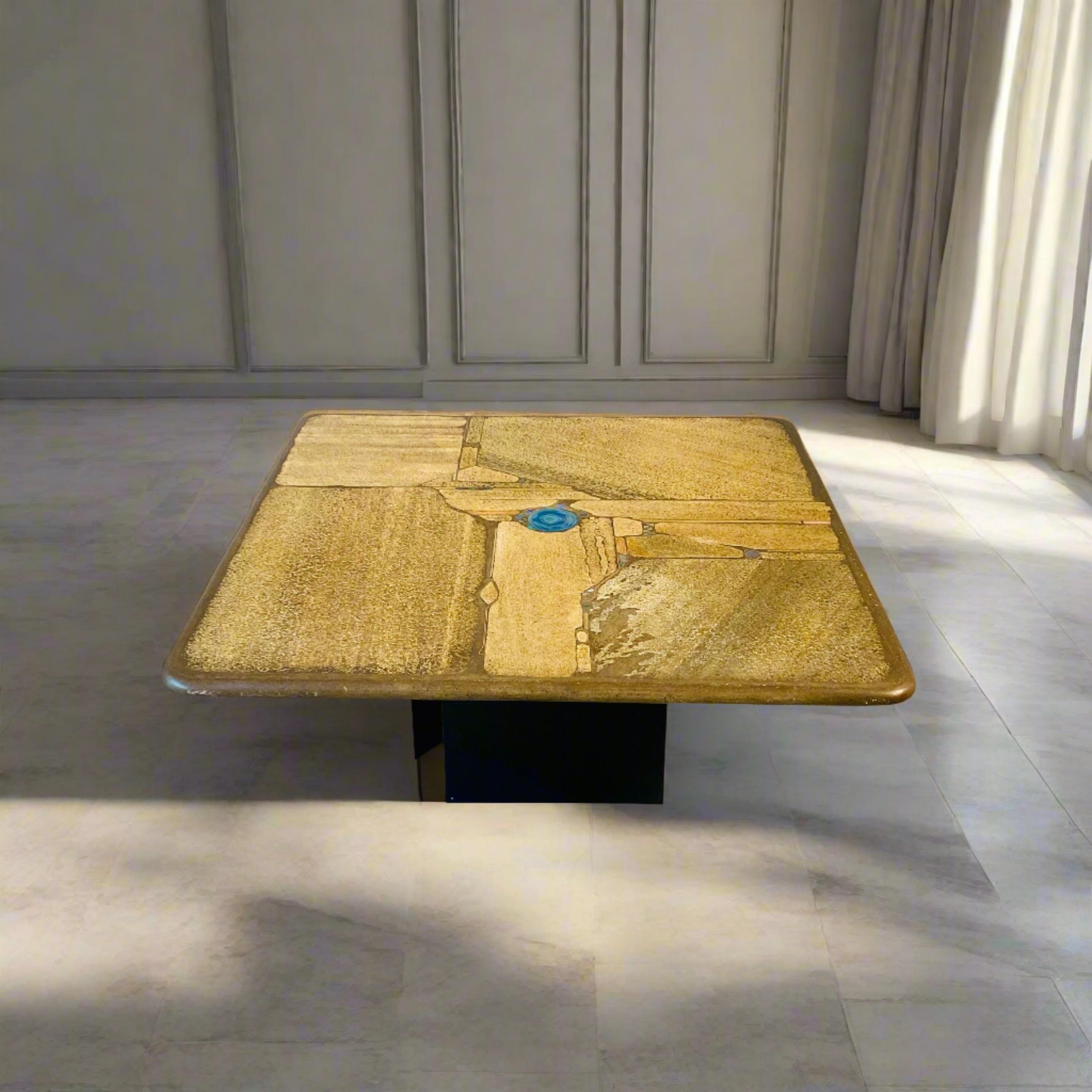 Metal Paul Kingma Brutalist Square Slate Stone Blue Agate Coffee Table