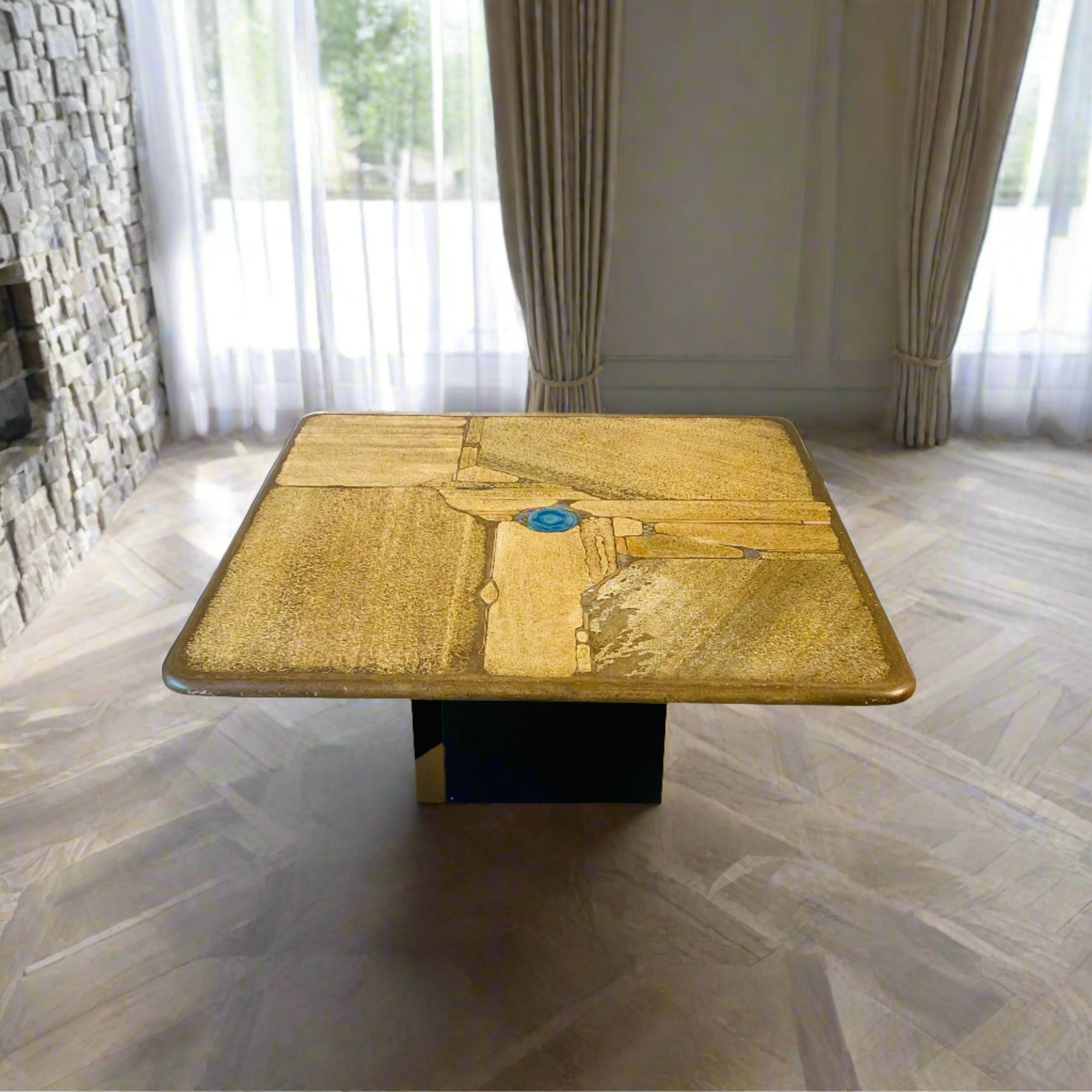 Paul Kingma Brutalist Square Slate Stone Blue Agate Coffee Table 1