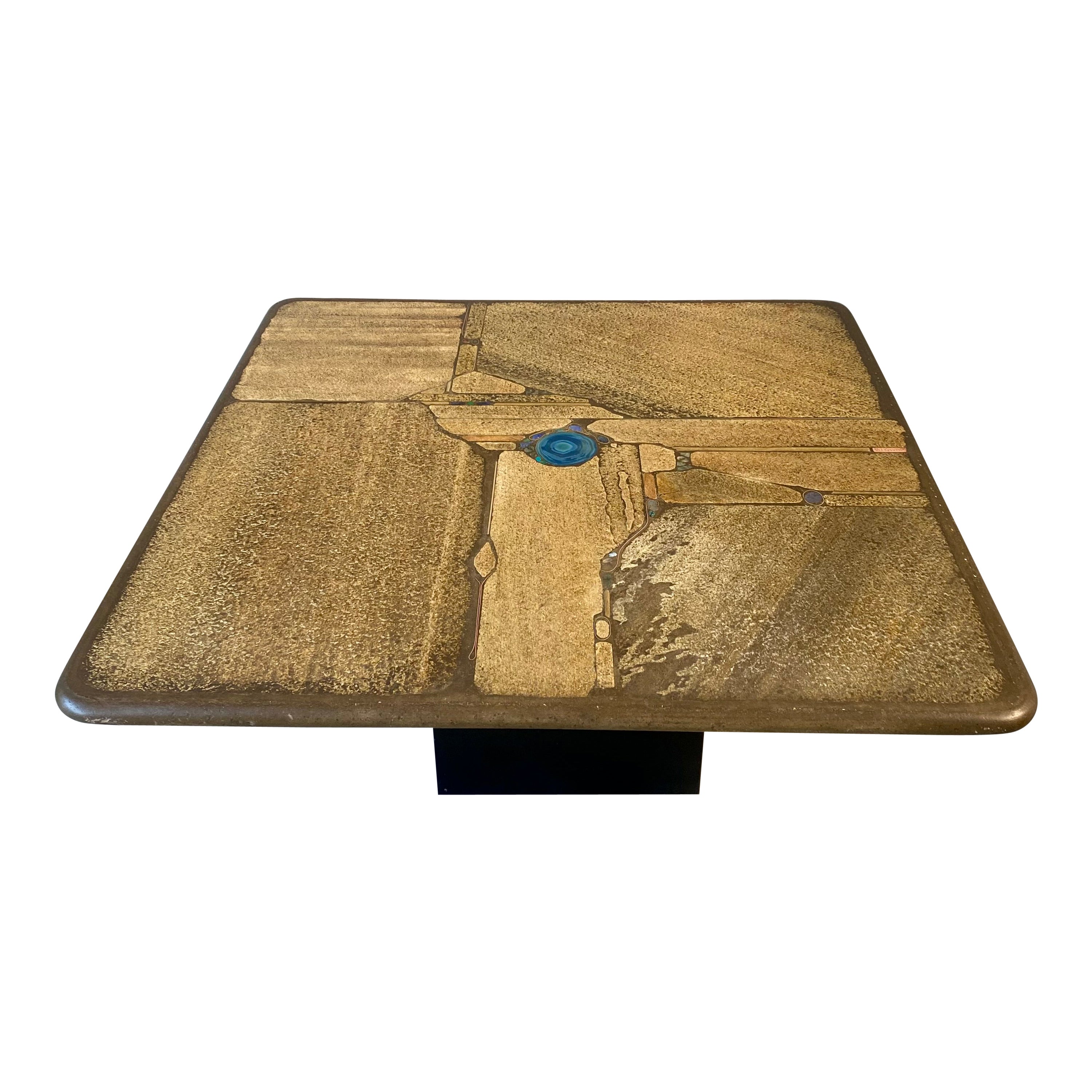 Paul Kingma Brutalist Square Slate Stone Blue Agate Coffee Table
