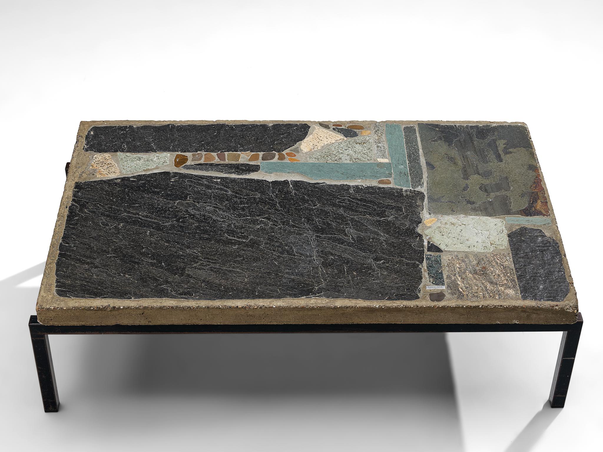 Paul Kingma, slate and ceramic tile coffee table, Netherlands, 1980s.

Abstract design of metals, slate and other stones, set into concrete panel. The different materials create a beautiful and organic mosaic.

Paul Kingma was a Dutch sculptor,