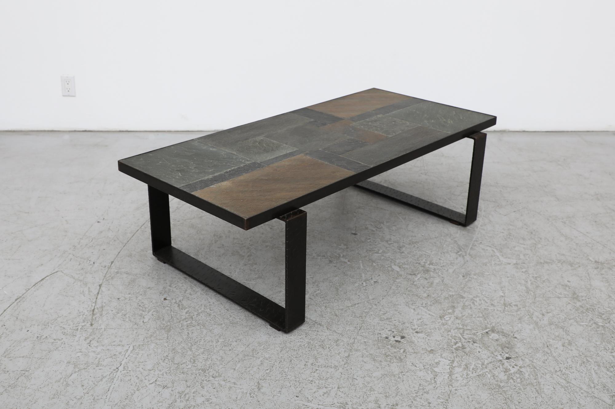 Paul Kingma Inspired Brutalist Brown & Gray Stone Coffee Table w/ Steel Legs For Sale 2