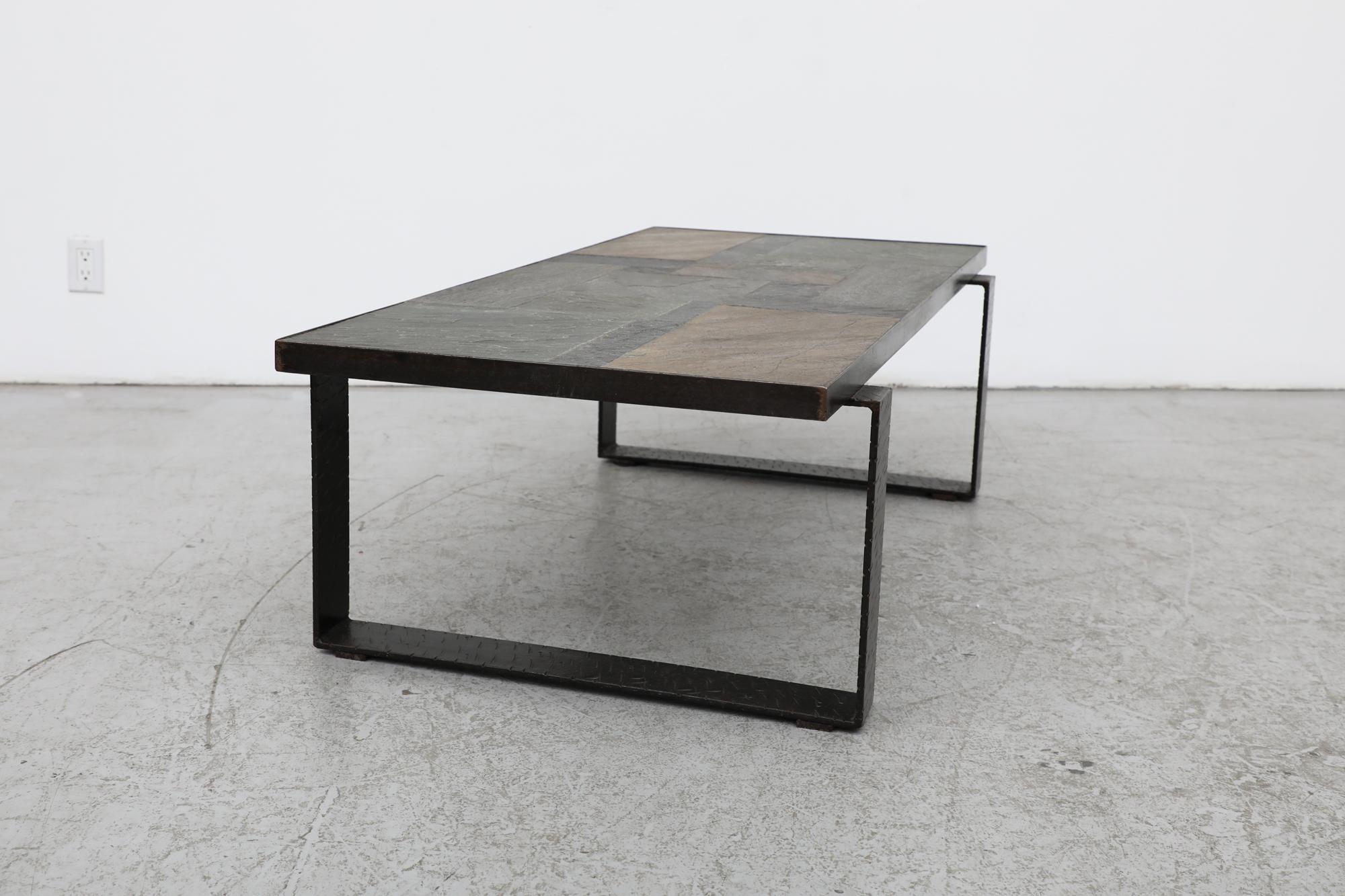 Paul Kingma Inspired Brutalist Brown & Gray Stone Coffee Table w/ Steel Legs For Sale 9